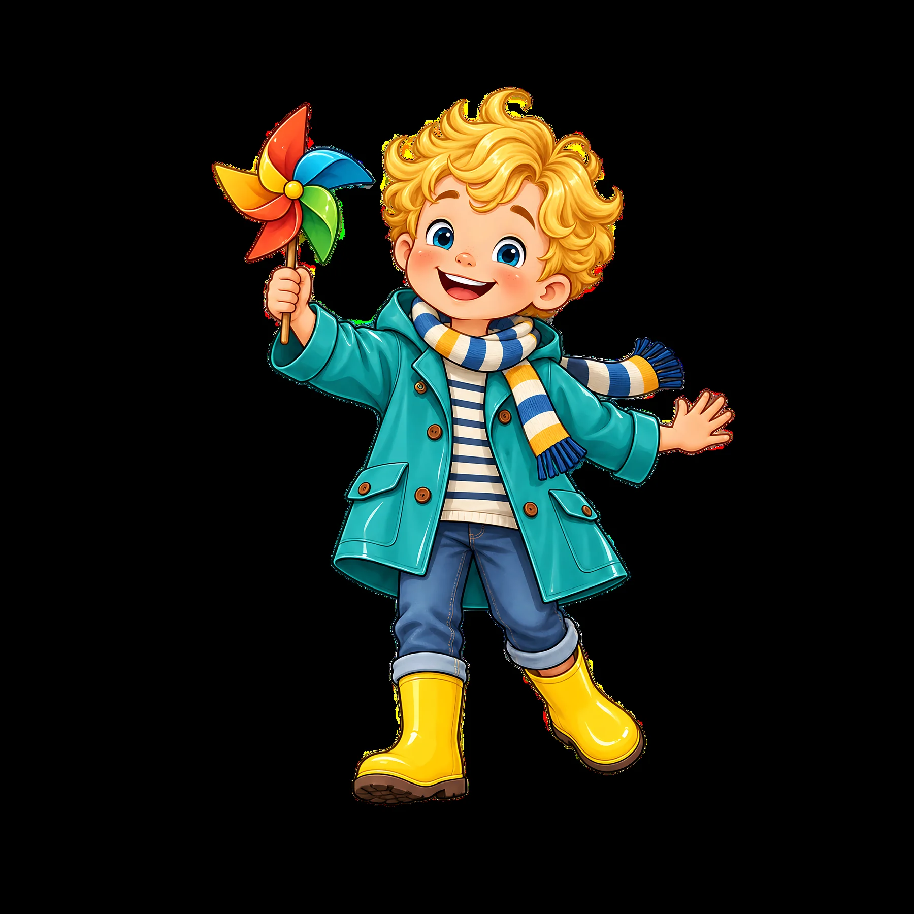 Blond child with a pinwheel wearing a teal coat and yellow boots - AI-generated stock image
