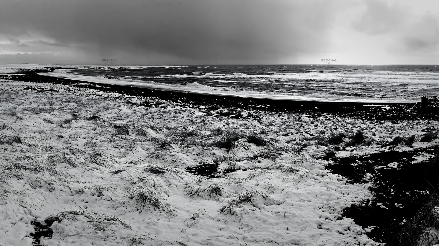 Snowy beach meadow with waves and low clouds - AI-generated stock image