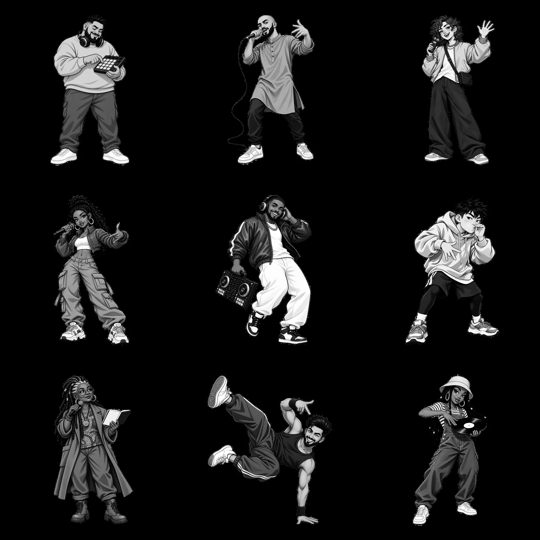 Hip-hop artists in dynamic poses in black-and-white sticker set - AI-generated stock image
