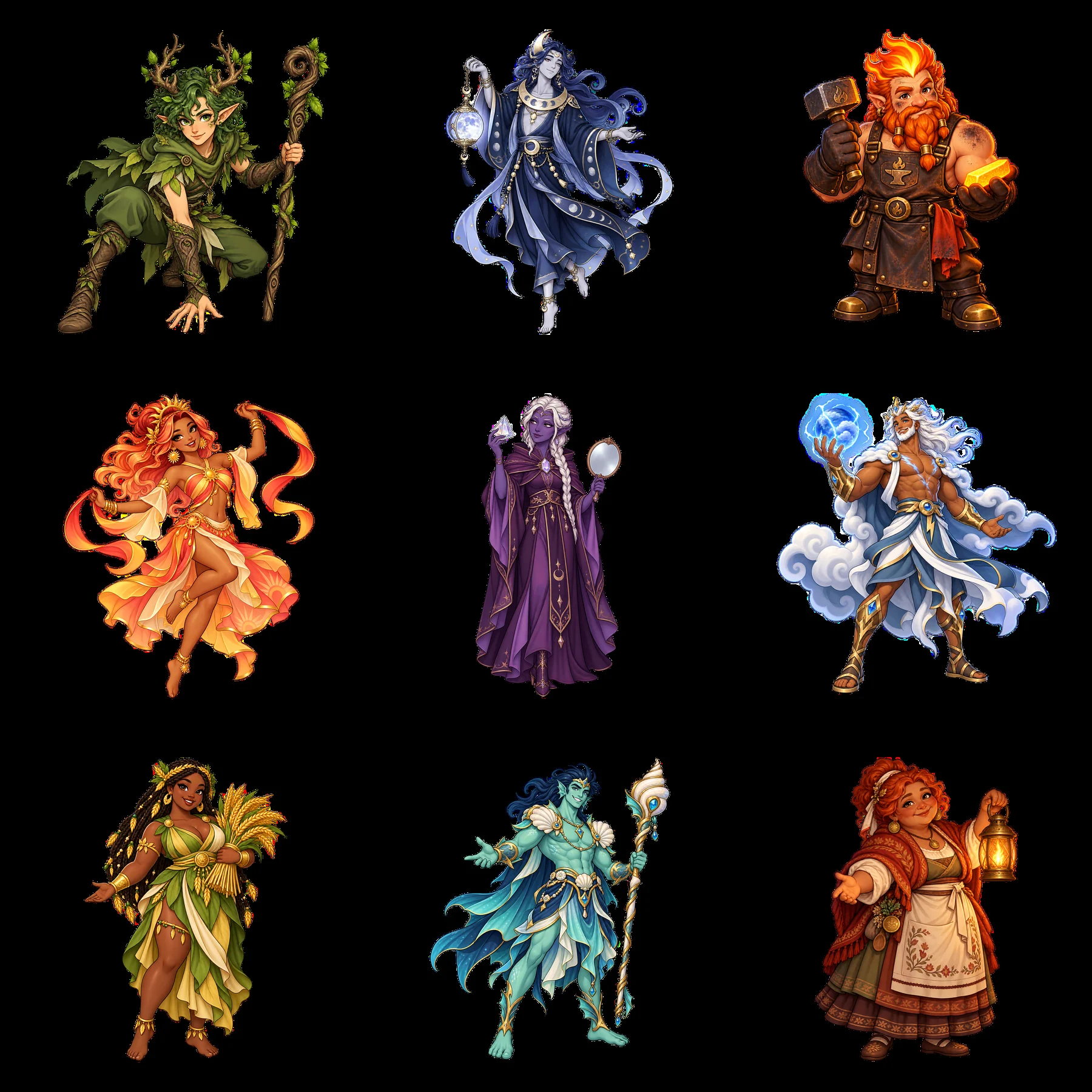 Pagan gods in a colorful cartoon sticker grid layout - AI-generated stock image
