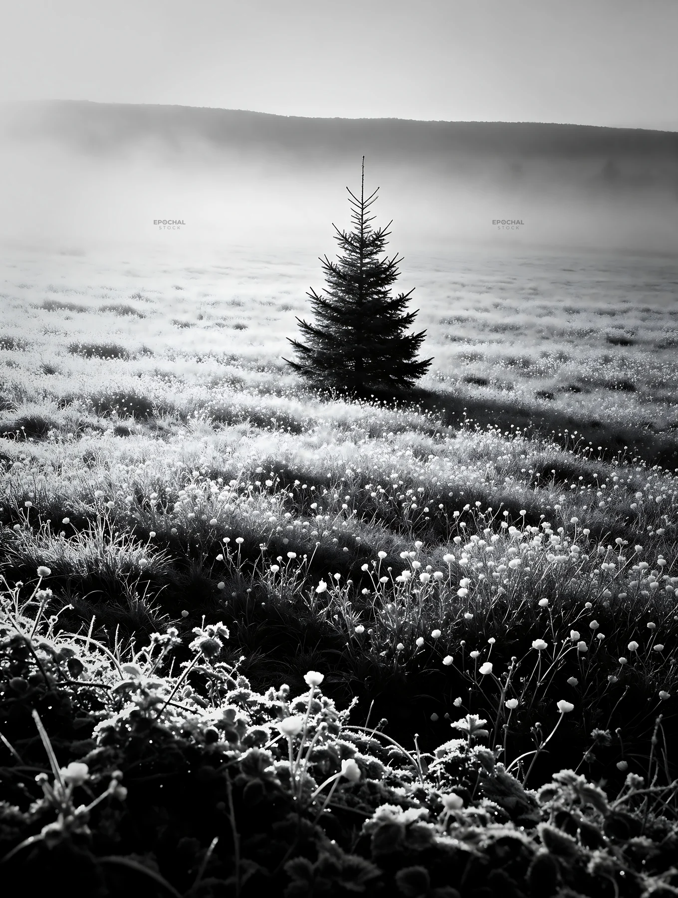 Vibrant Christmas tree in winter meadow with frost - AI-generated stock image