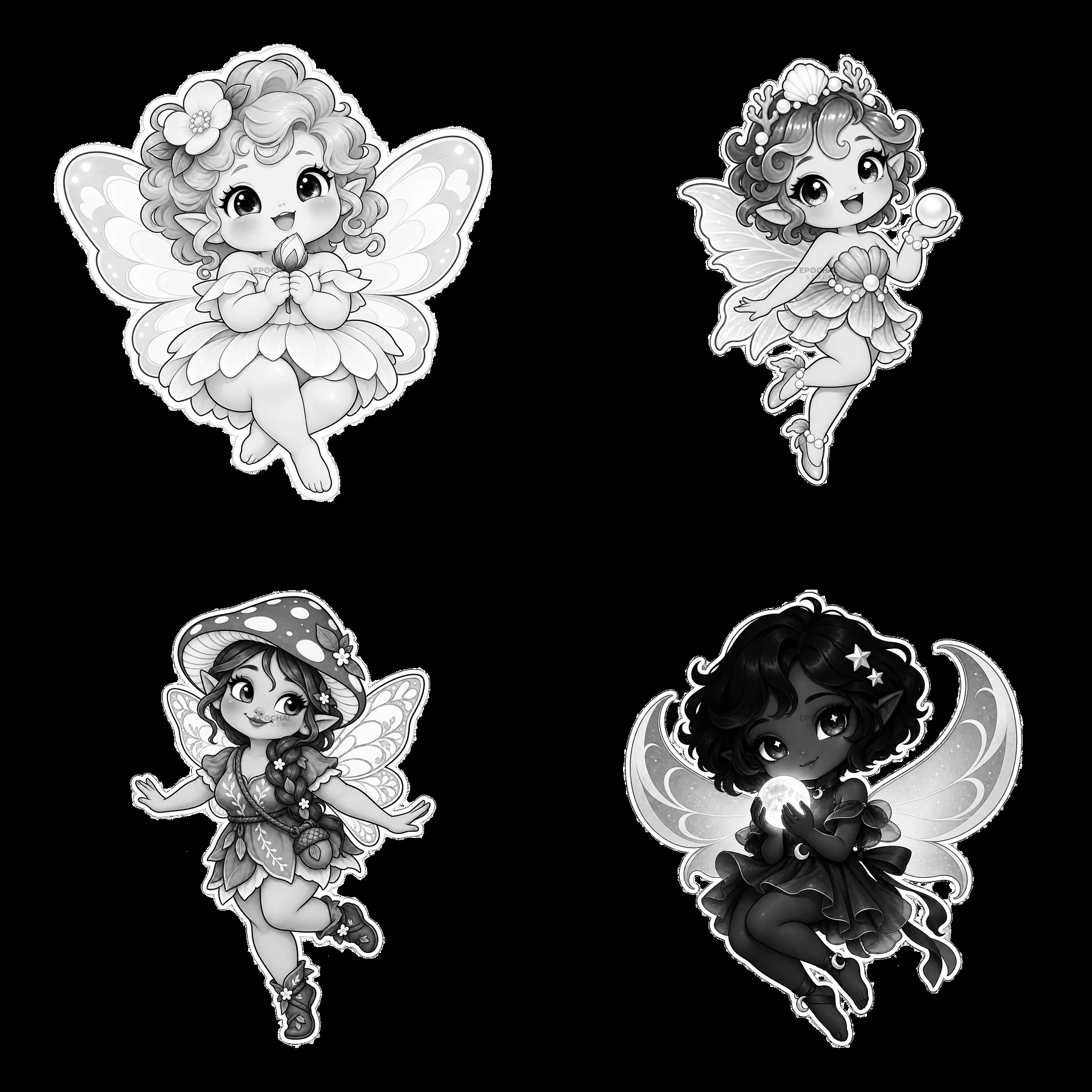 Four kawaii chubby fairies are shown in a 2x2 layout - AI-generated stock image