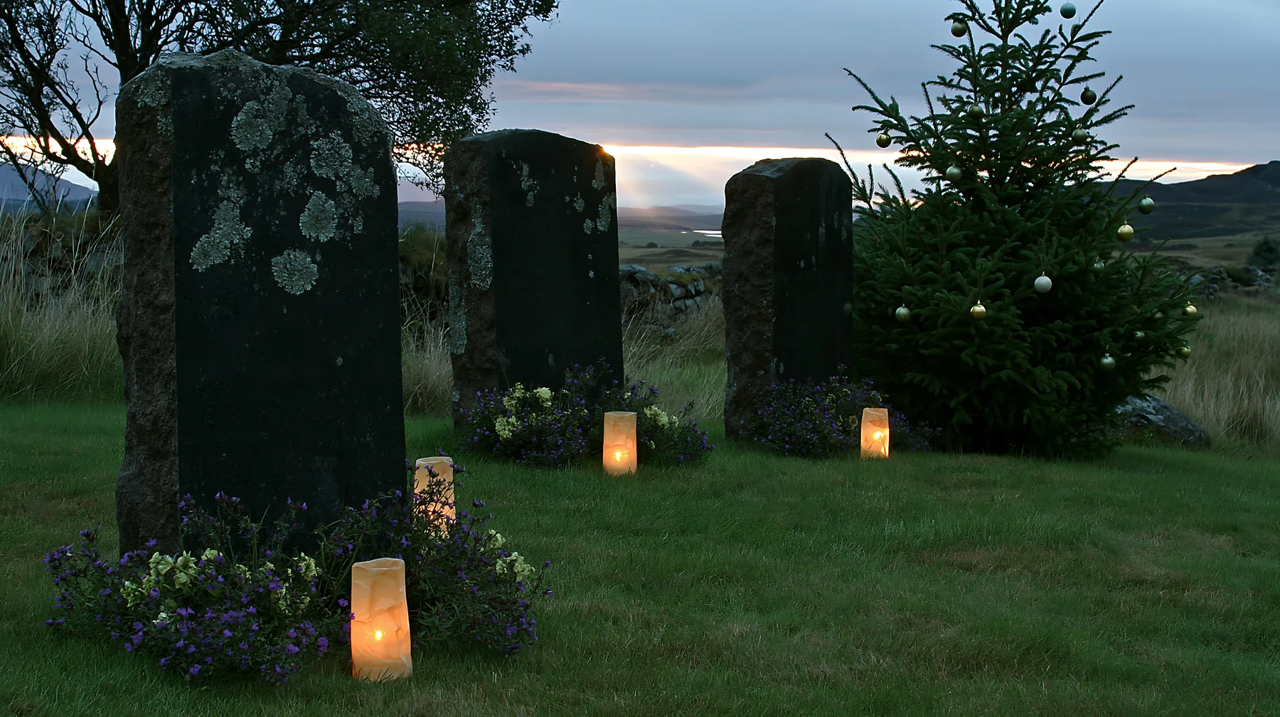 Twilight Christmas lanterns in meadow with crepuscular rays - AI-generated stock image