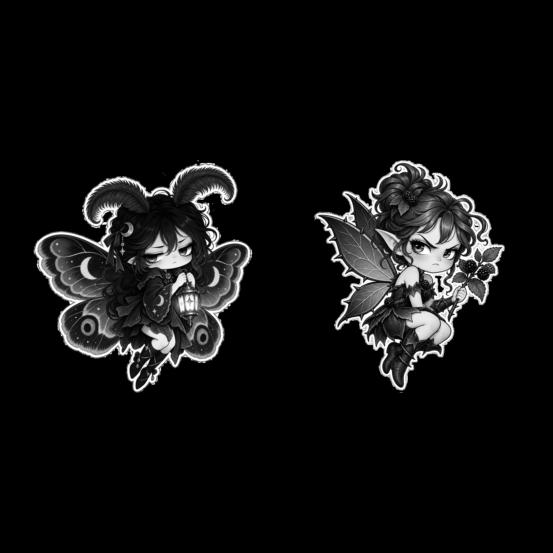 Kawaii grumpy fairy characters with butterfly wings and leaves - AI-generated stock image