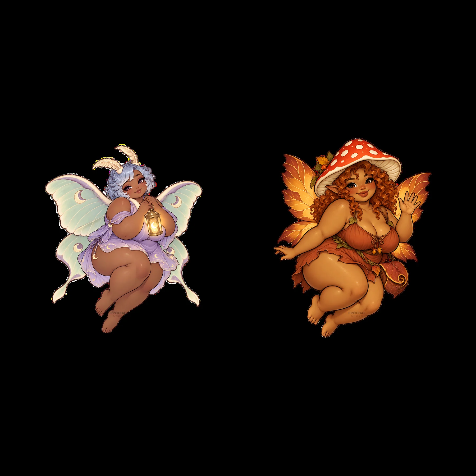 Kawaii ultra-fat fairies with lantern and mushroom details - AI-generated stock image
