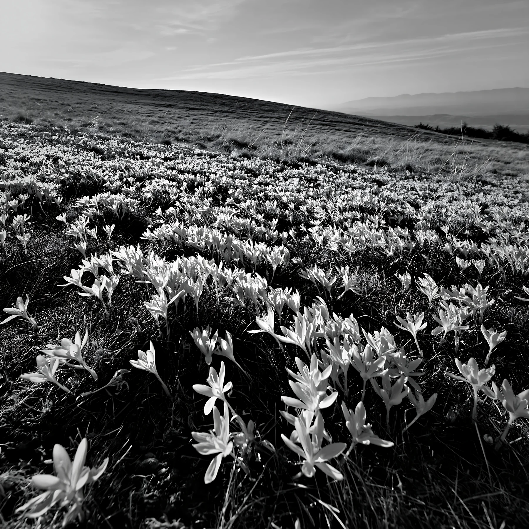 Crocuses blooming in a meadow landscape - AI-generated stock image