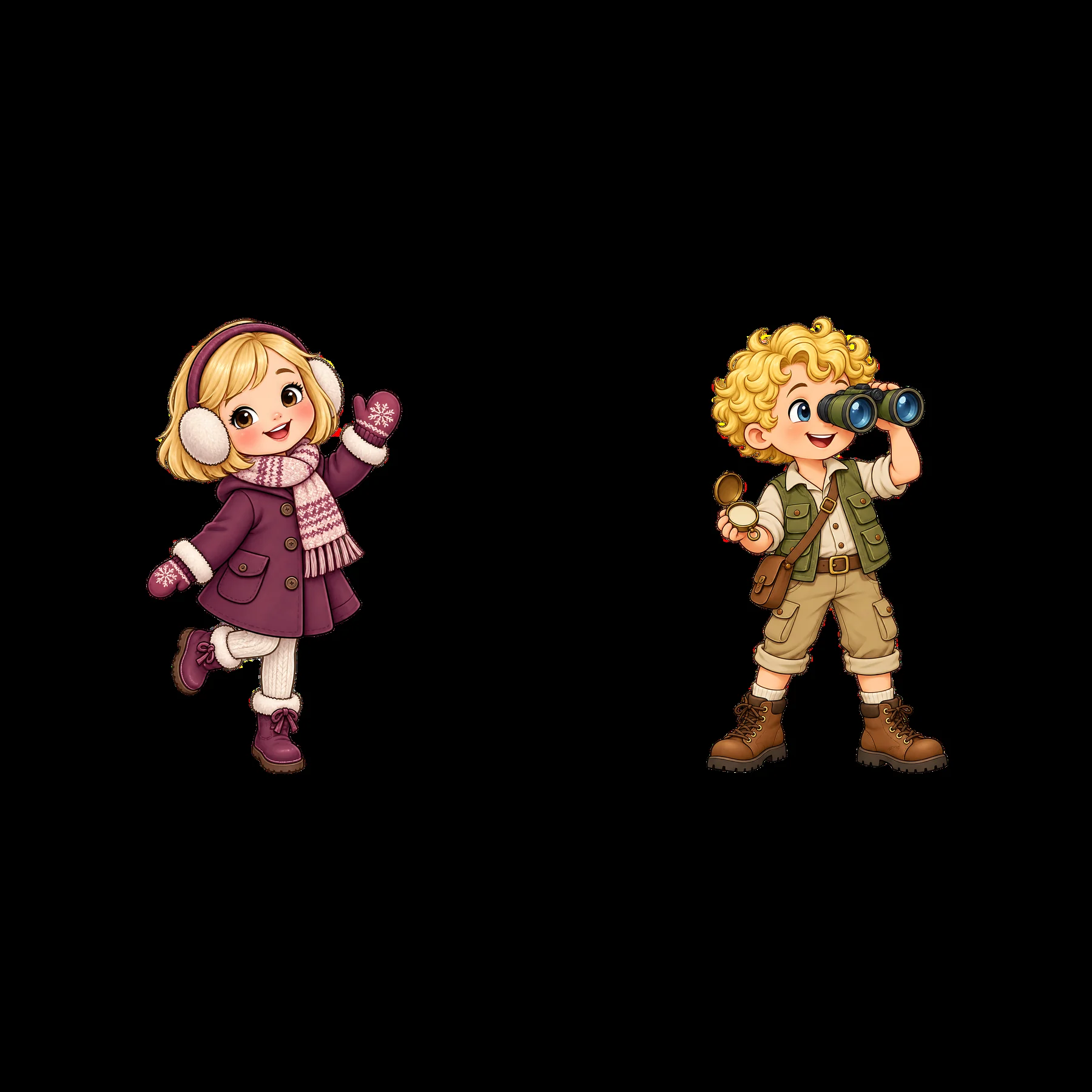 Blond child explorers in winter clothes with binocular and telescope - AI-generated stock image