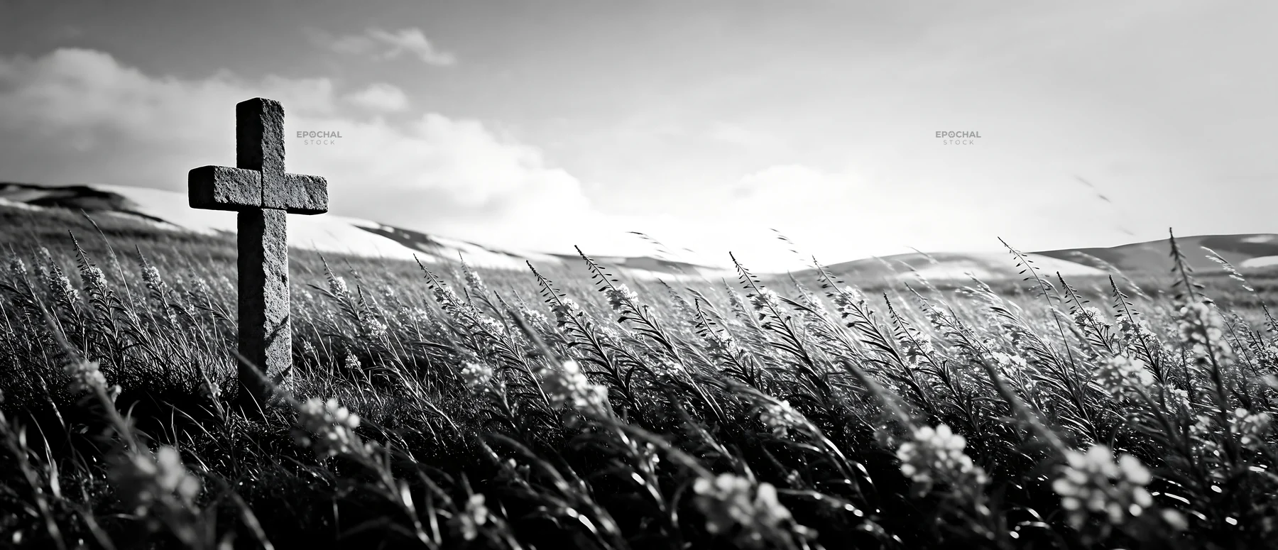 Christian cross in winter mountain meadow landscape - AI-generated stock image