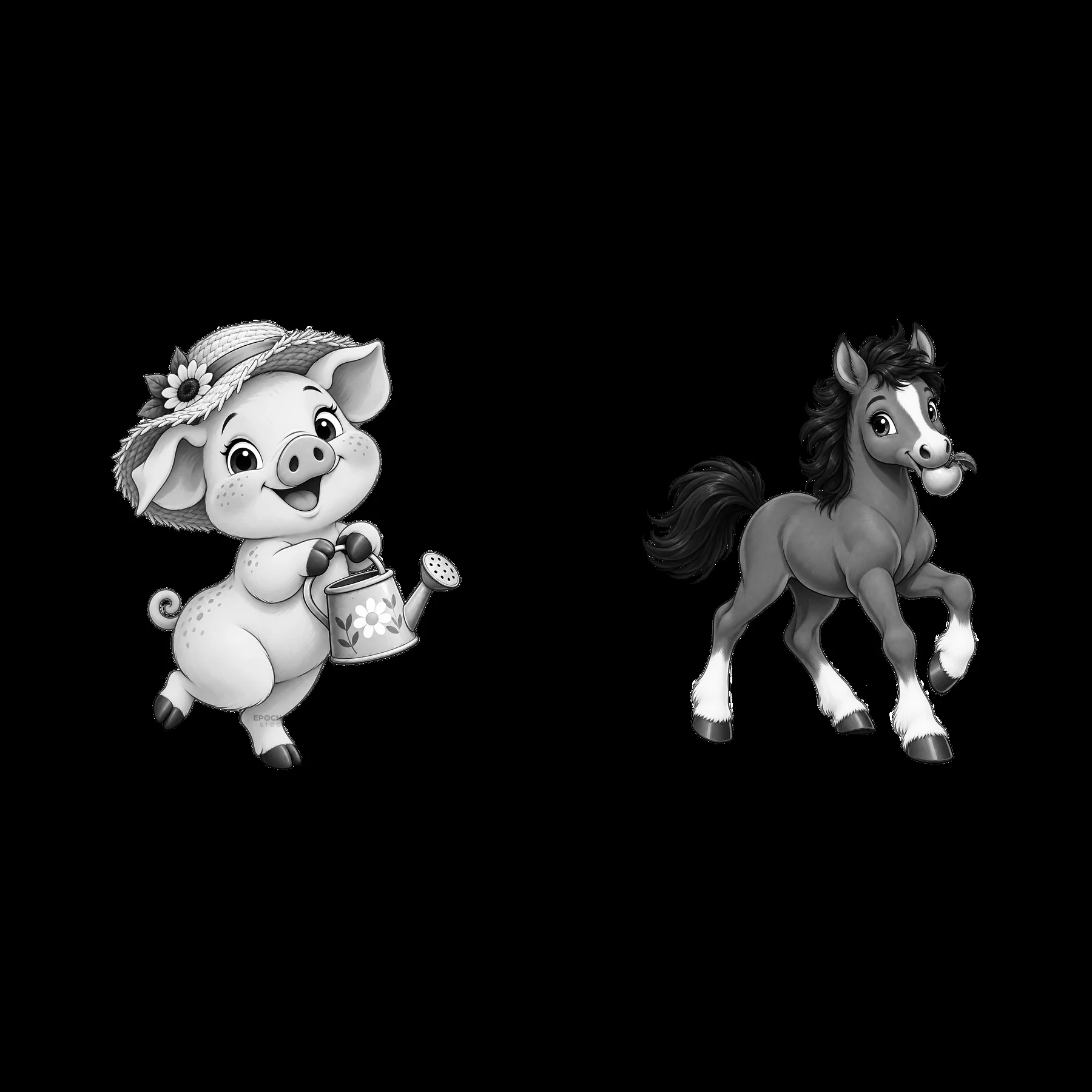 Pig carrying a watering can and horse running on a farm - AI-generated stock image