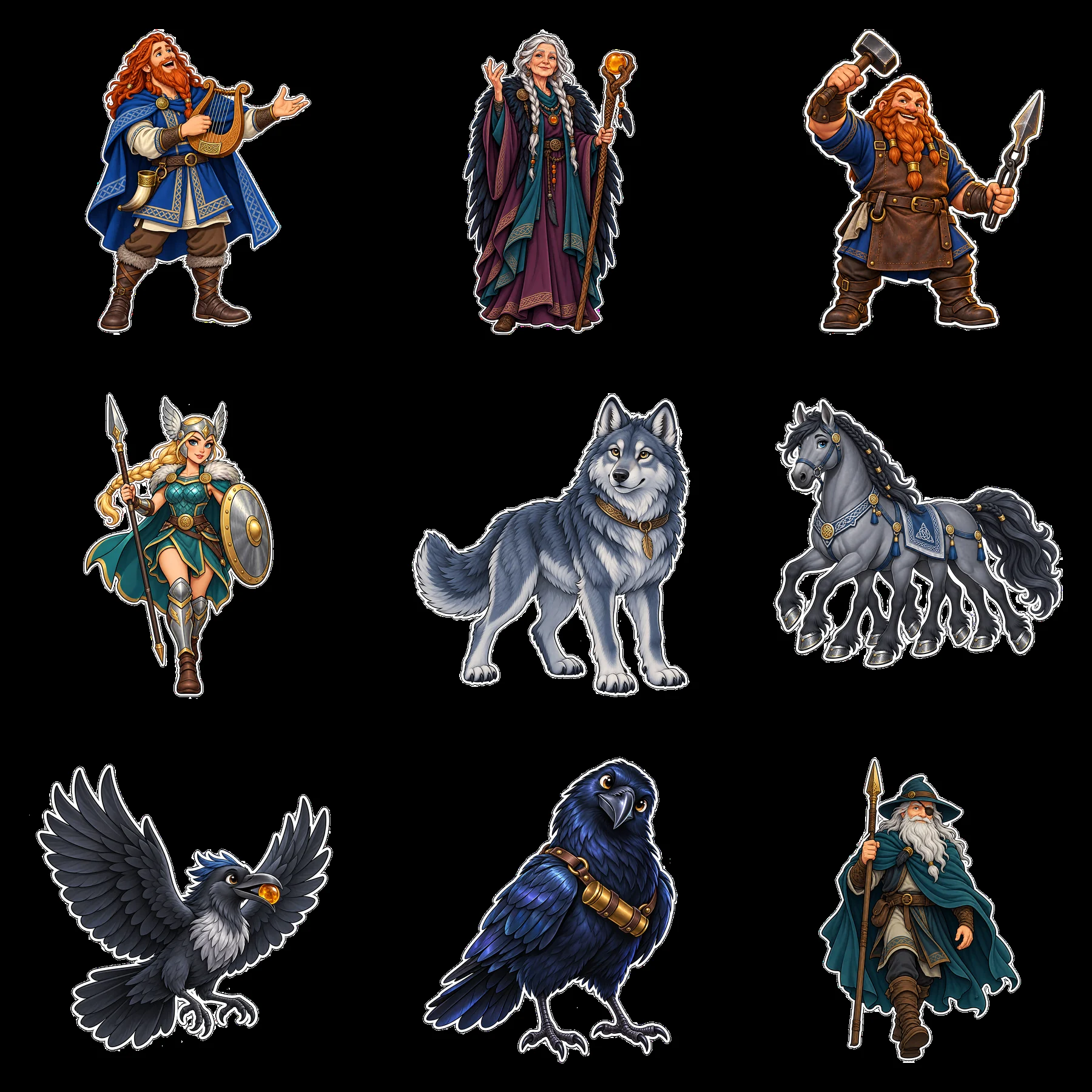 Odin the Norse All-Father cartoon stickers in a 3x3 layout - AI-generated stock image