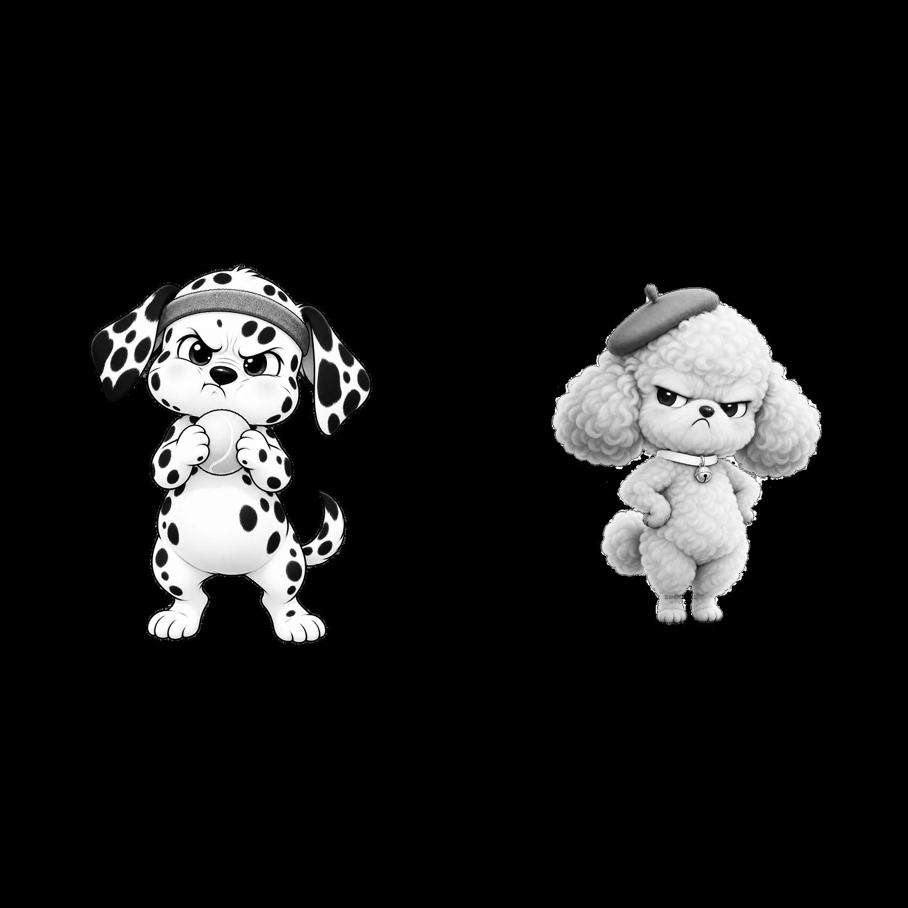 Grumpy cartoon dogs in a playful monochrome design - AI-generated stock image