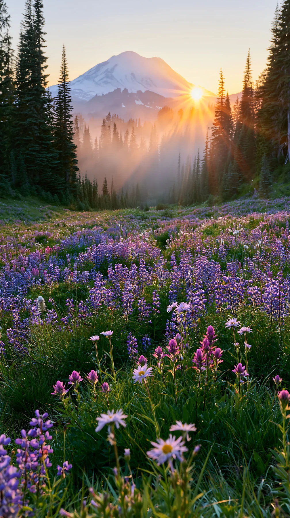 Mount Rainier wildflower meadow at sunrise - AI-generated stock image
