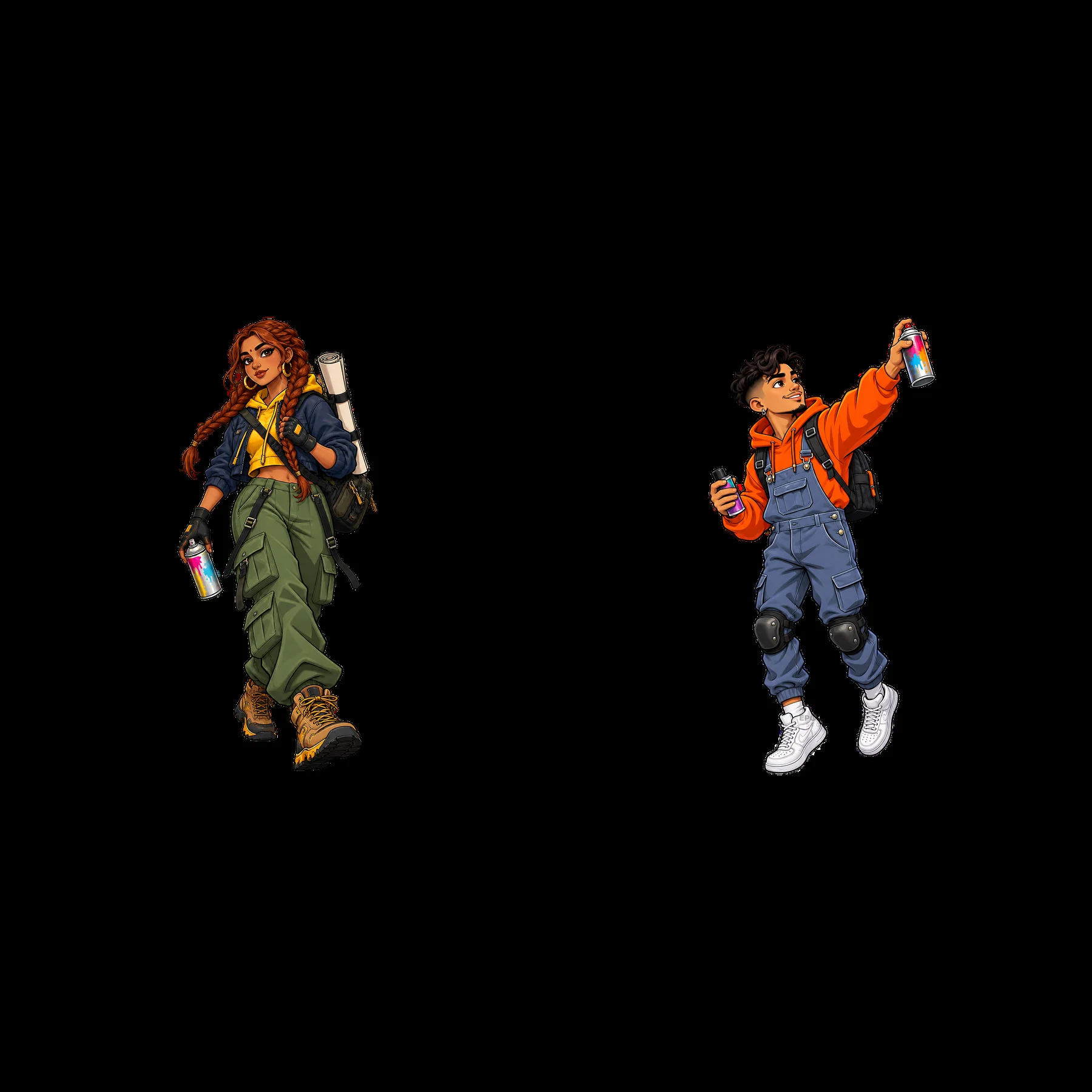 Young artists with spray cans in streetwear style - AI-generated stock image