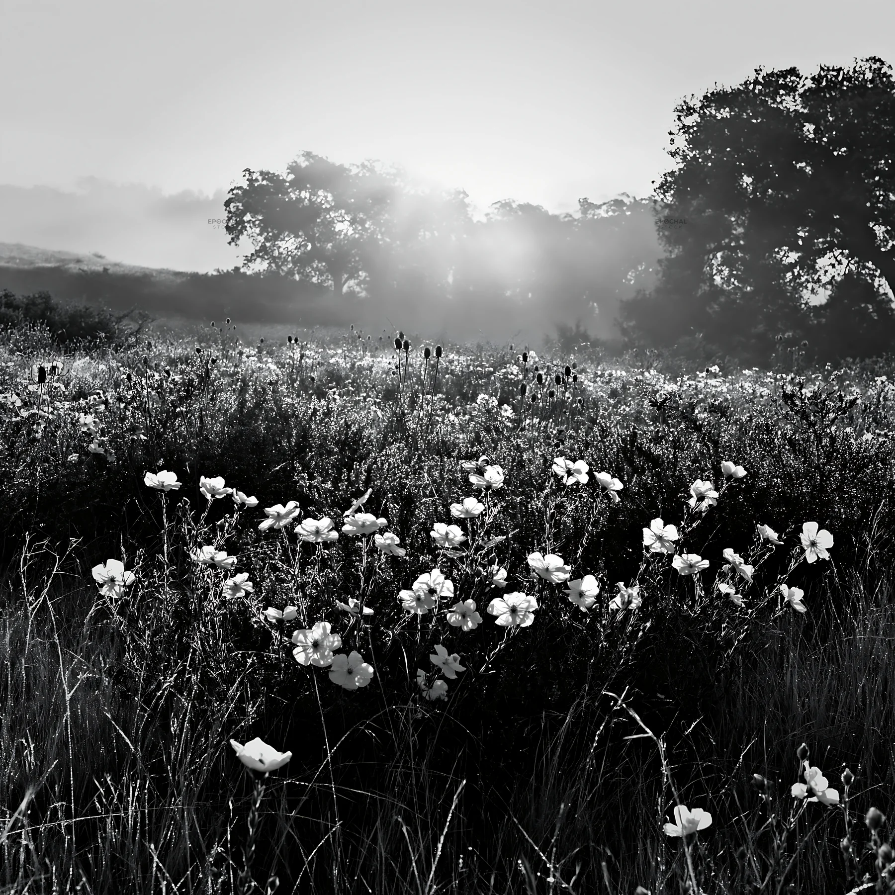 Black and white drought-tolerant meadow with wildflowers in soft morning light - AI-generated stock image