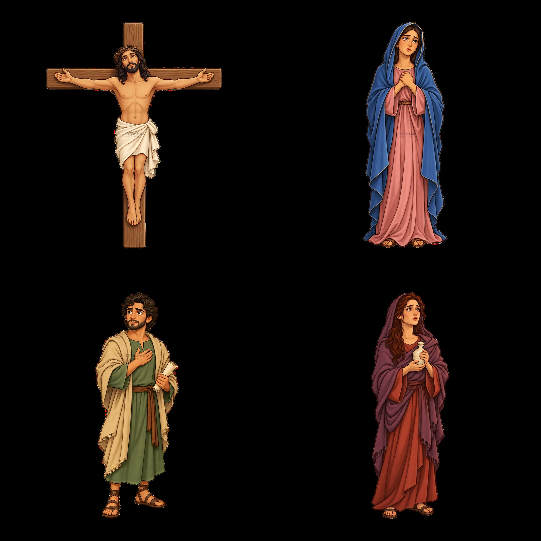 Jesus on the cross with Mary and followers in square arrangement - AI-generated stock image