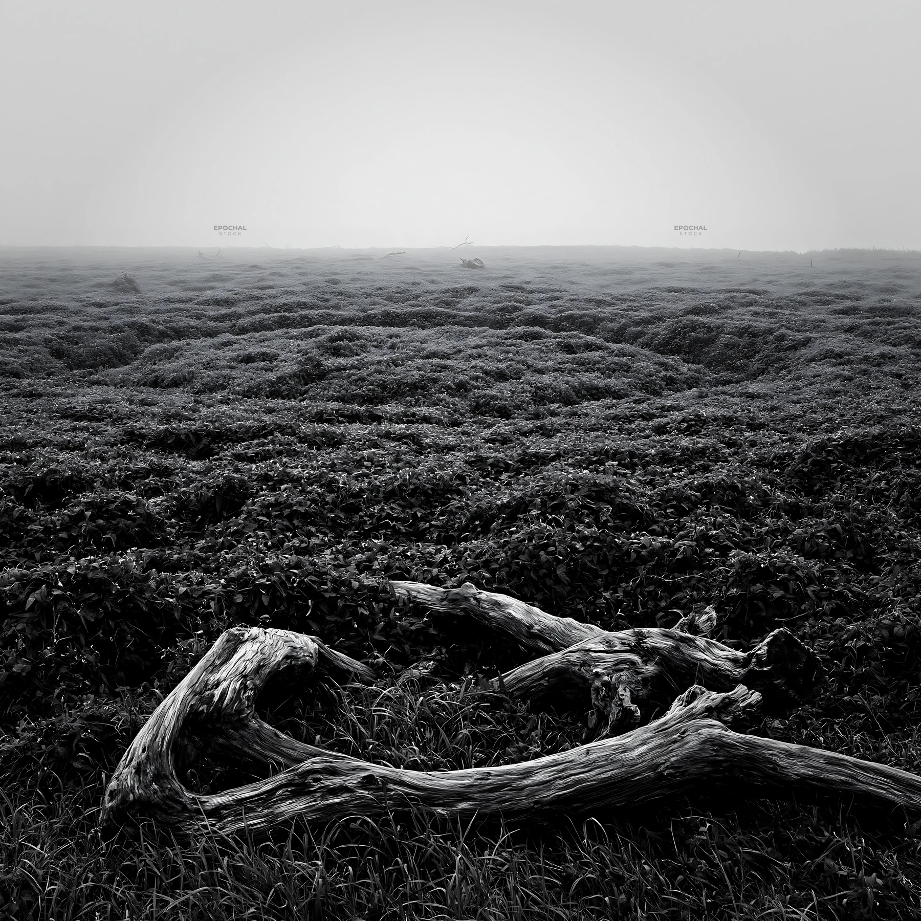 Black and white chiba coastal climate meadow driftwood in foreground - AI-generated stock image