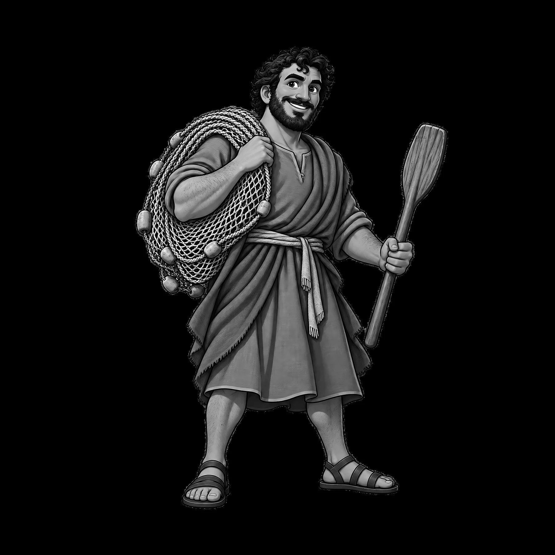 Illustration of a smiling fisherman holding a paddle and a net - AI-generated stock image