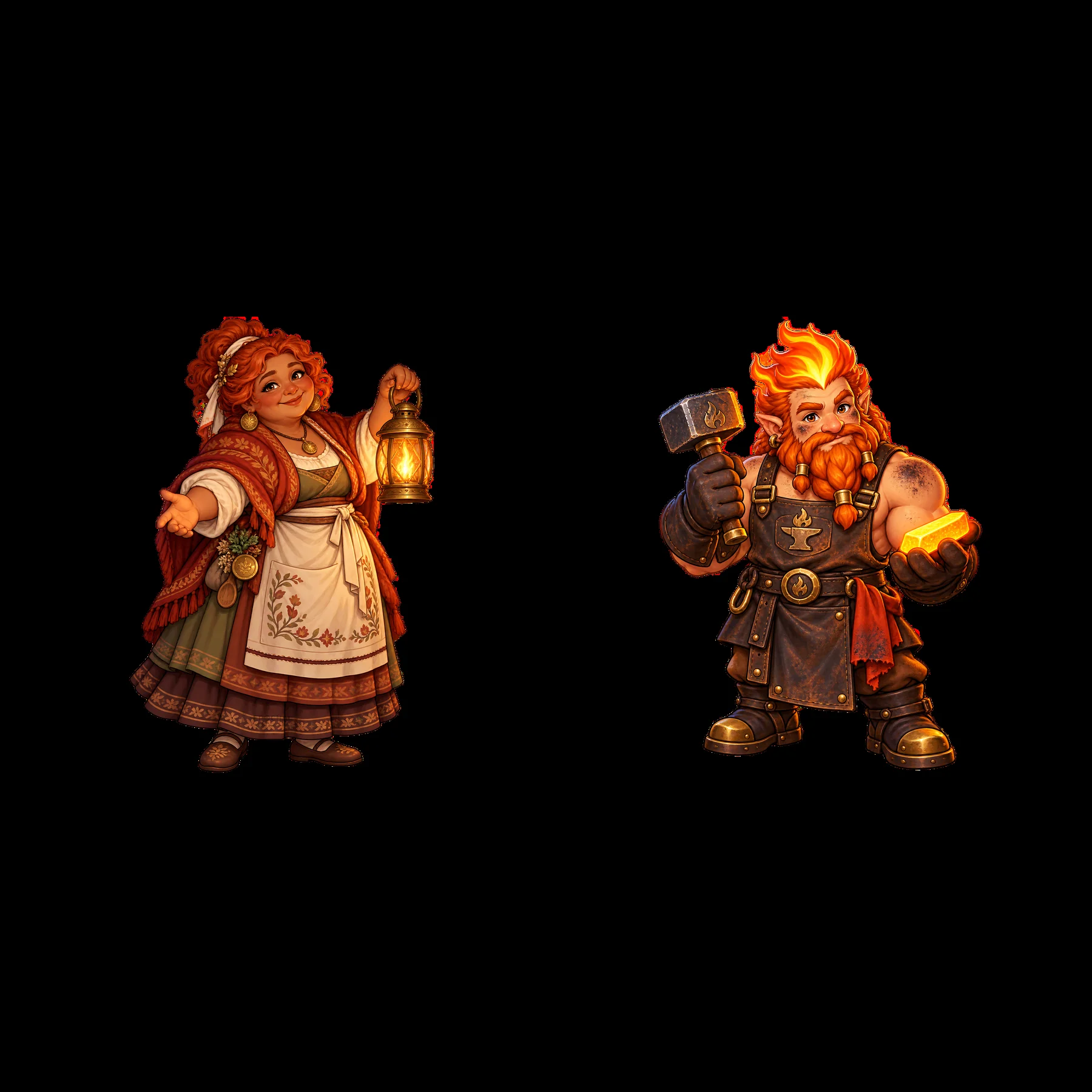 Pagan gods characters: a goddess with a lantern and a fiery dwarf - AI-generated stock image