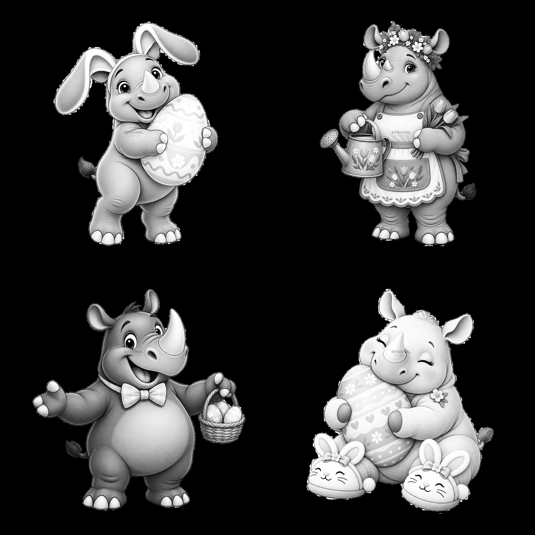 Easter rhinos with eggs and baskets in a square layout - AI-generated stock image