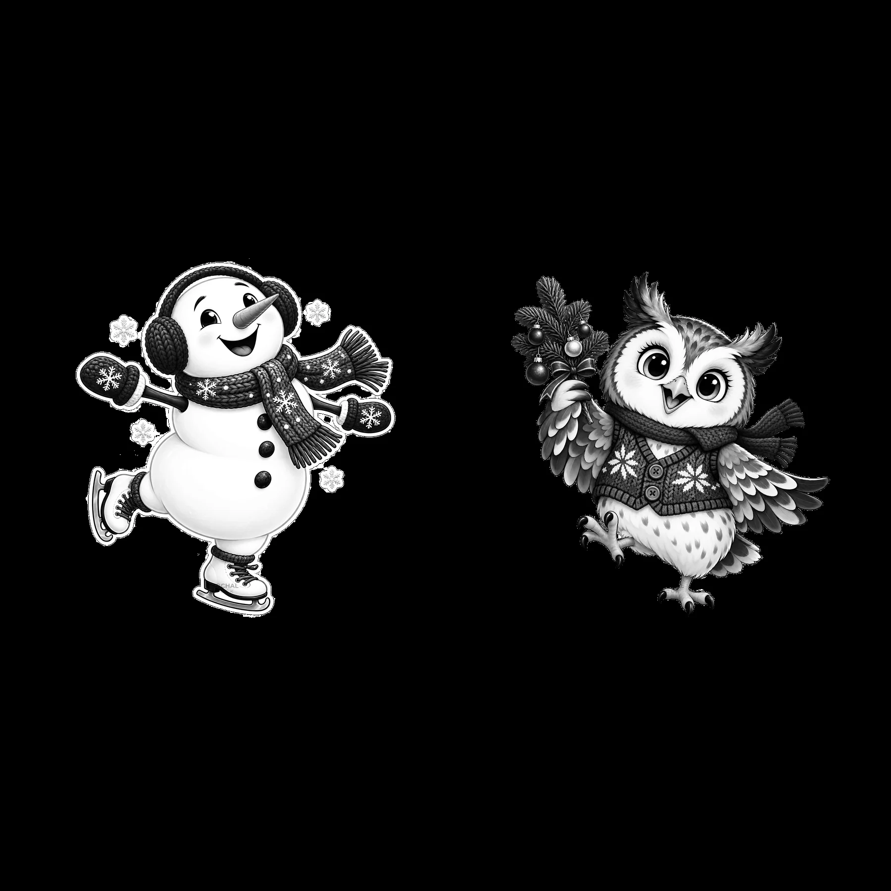 Monochrome two isolated cartoon figure stickers - AI-generated stock image