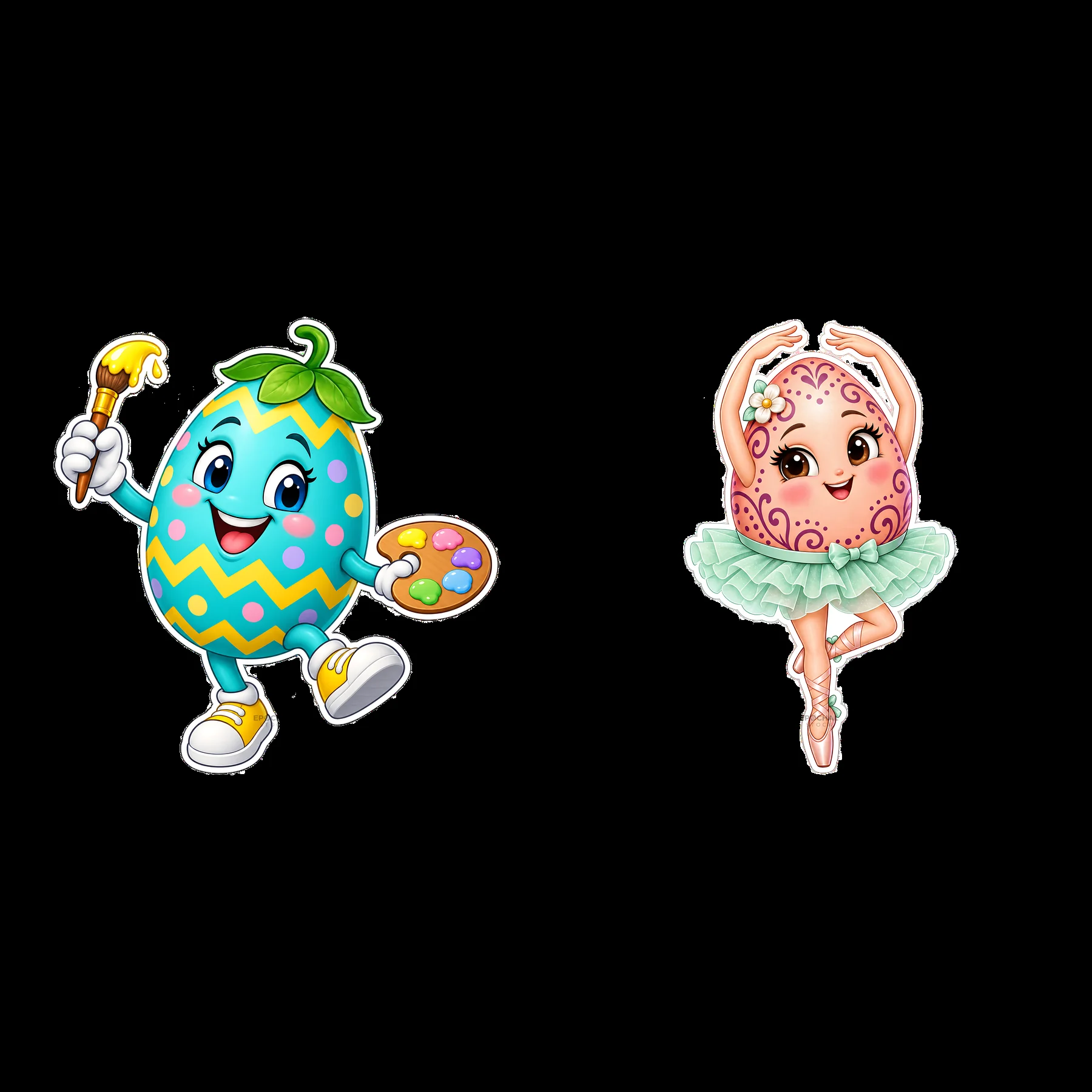 Colorful cartoon Easter eggs with artistic and dancing themes - AI-generated stock image