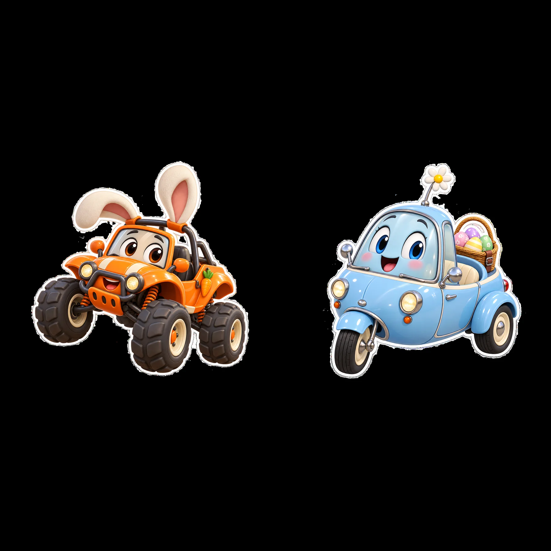 Easter bunny car and cute blue vehicle with egg basket - AI-generated stock image