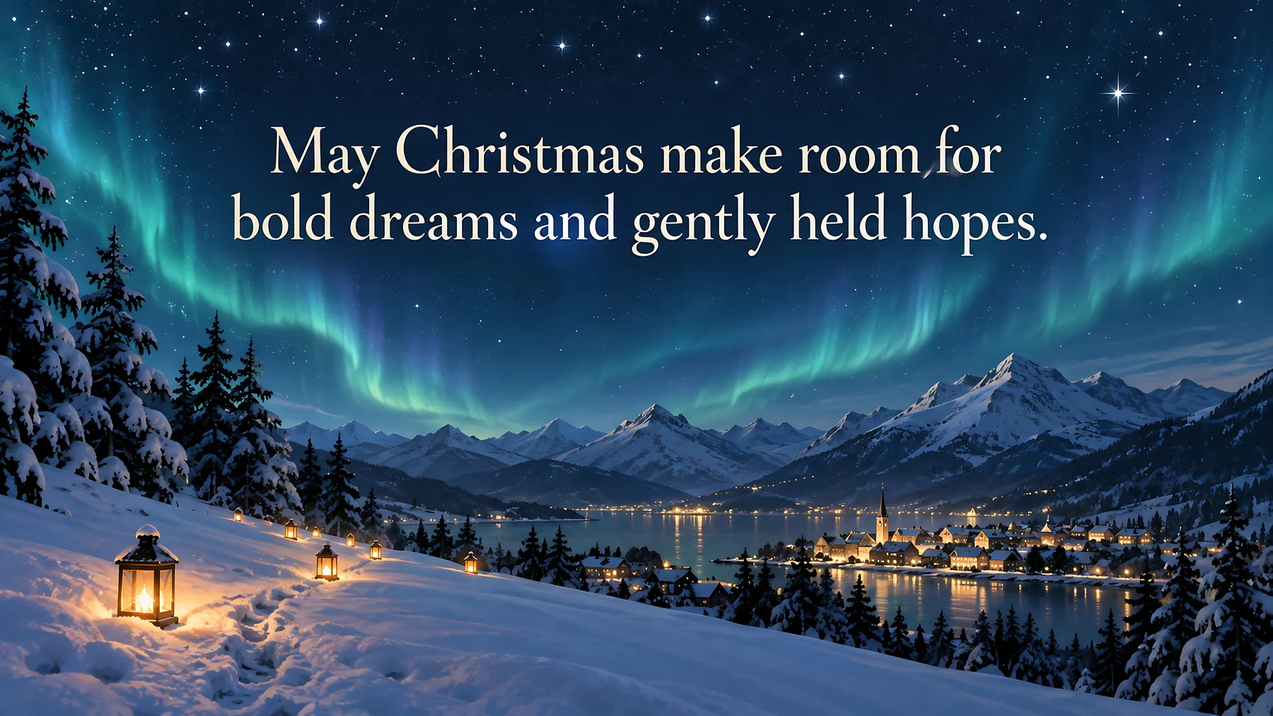 Christmas Greeting Beneath the Northern Lights - AI-generated stock image