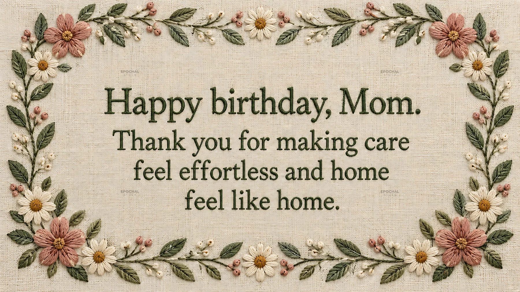 Floral birthday greeting for Mom on woven linen - AI-generated stock image