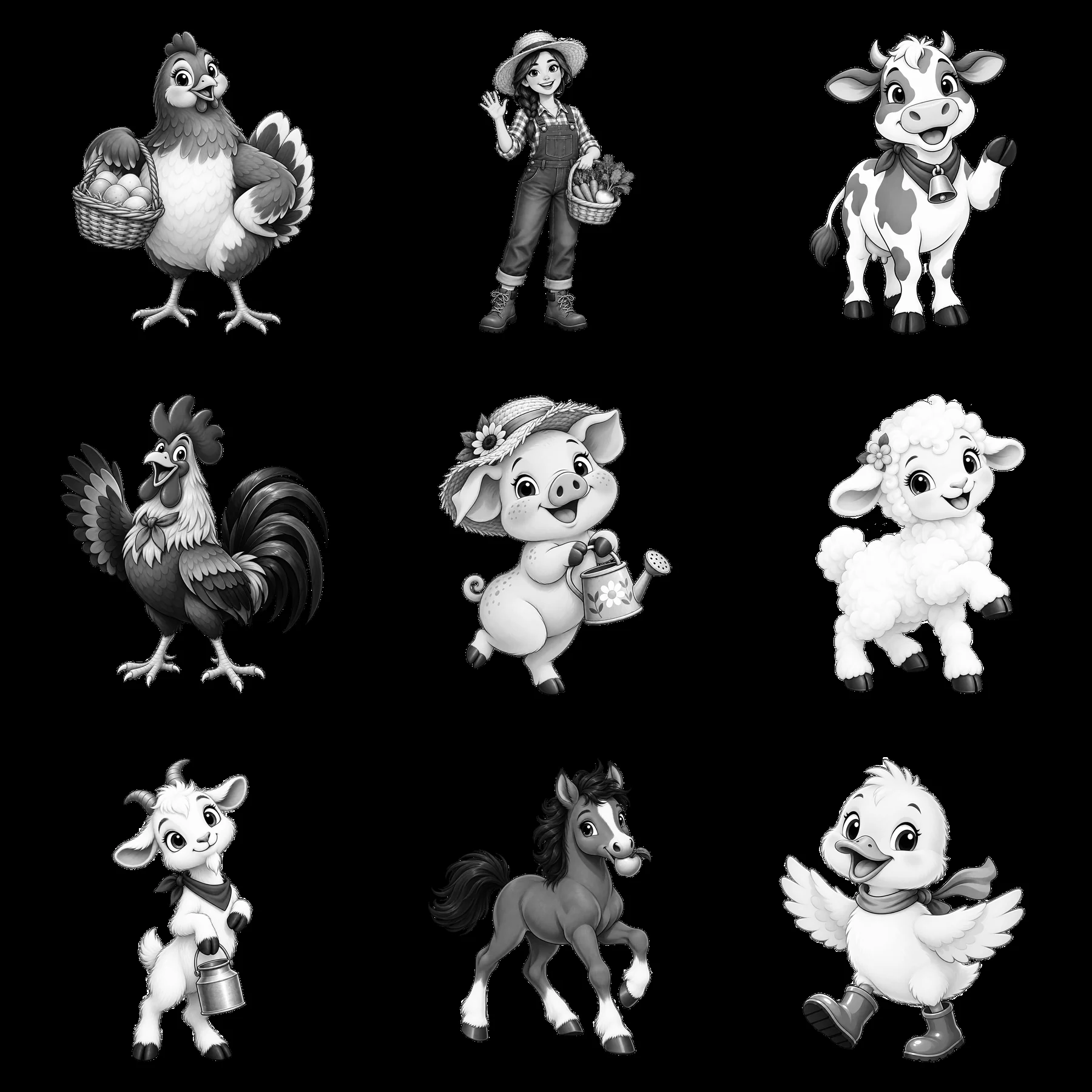 Farm animals and farmer characters in a monochrome sticker set - AI-generated stock image