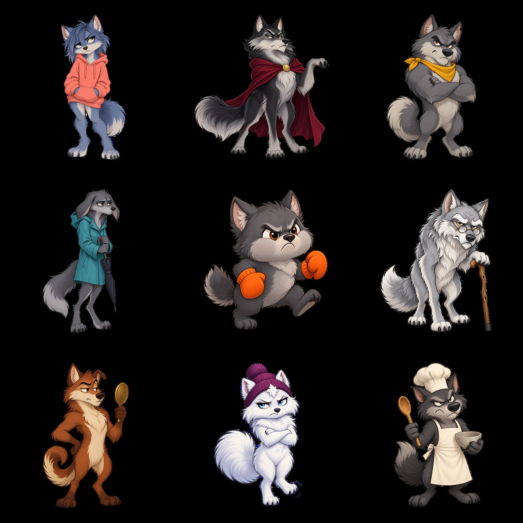 Grumpy Wolf cartoon sticker collection with various characters - AI-generated stock image