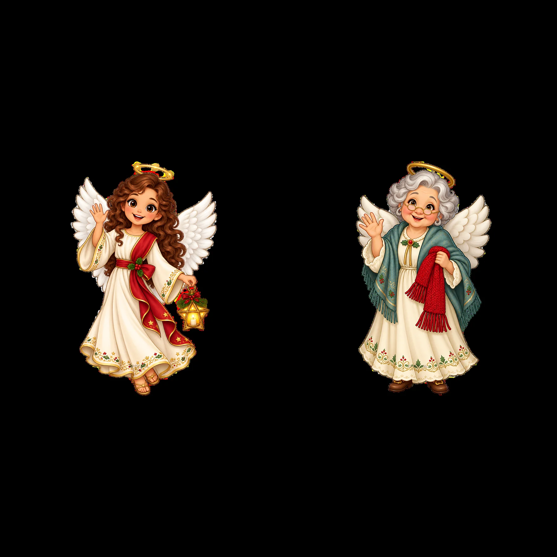 Christmas angel stickers with a young girl and an old woman - AI-generated stock image