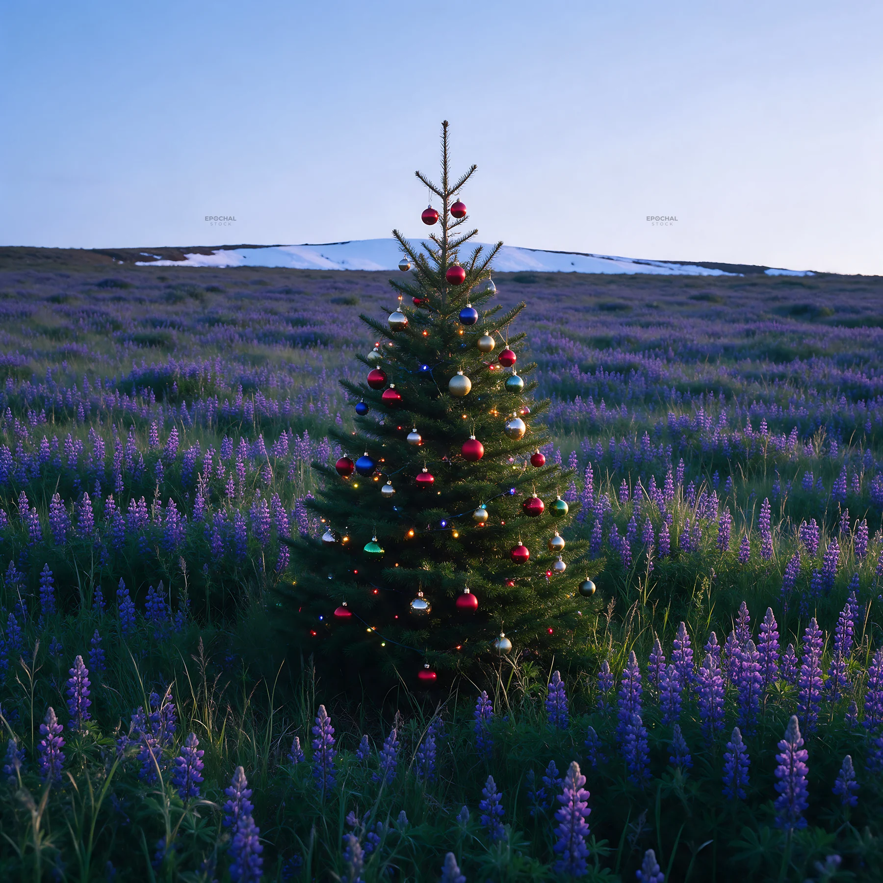 Vibrant Christmas tree in a winter meadow with purple flowers - AI-generated stock image