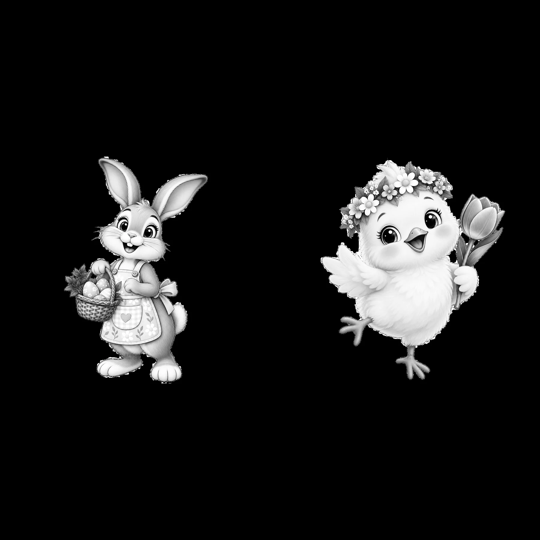 Easter bunny with basket of eggs and cheerful bird holding flowers - AI-generated stock image