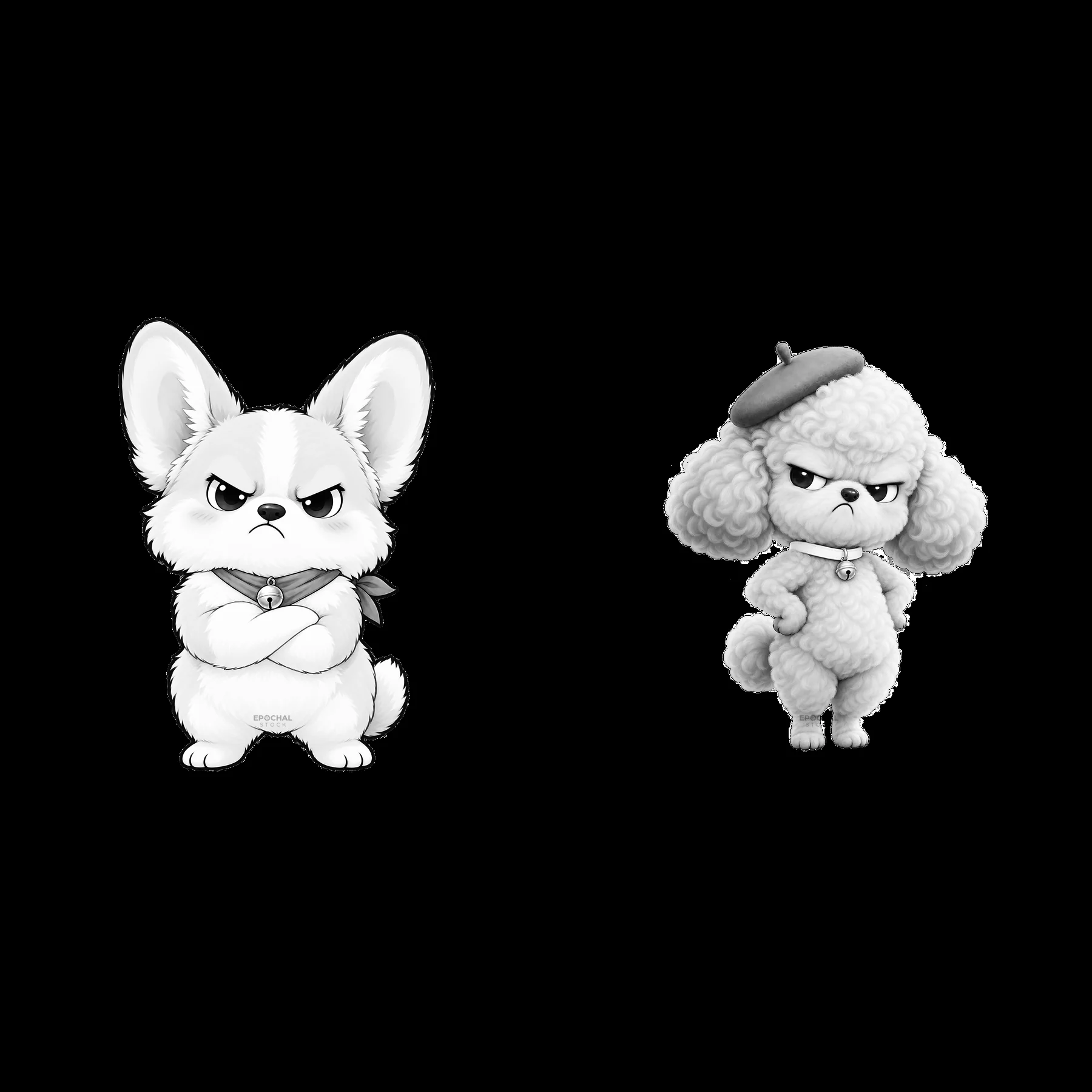 Kawaii grumpy dog cartoon sticker collection with distinct poses - AI-generated stock image