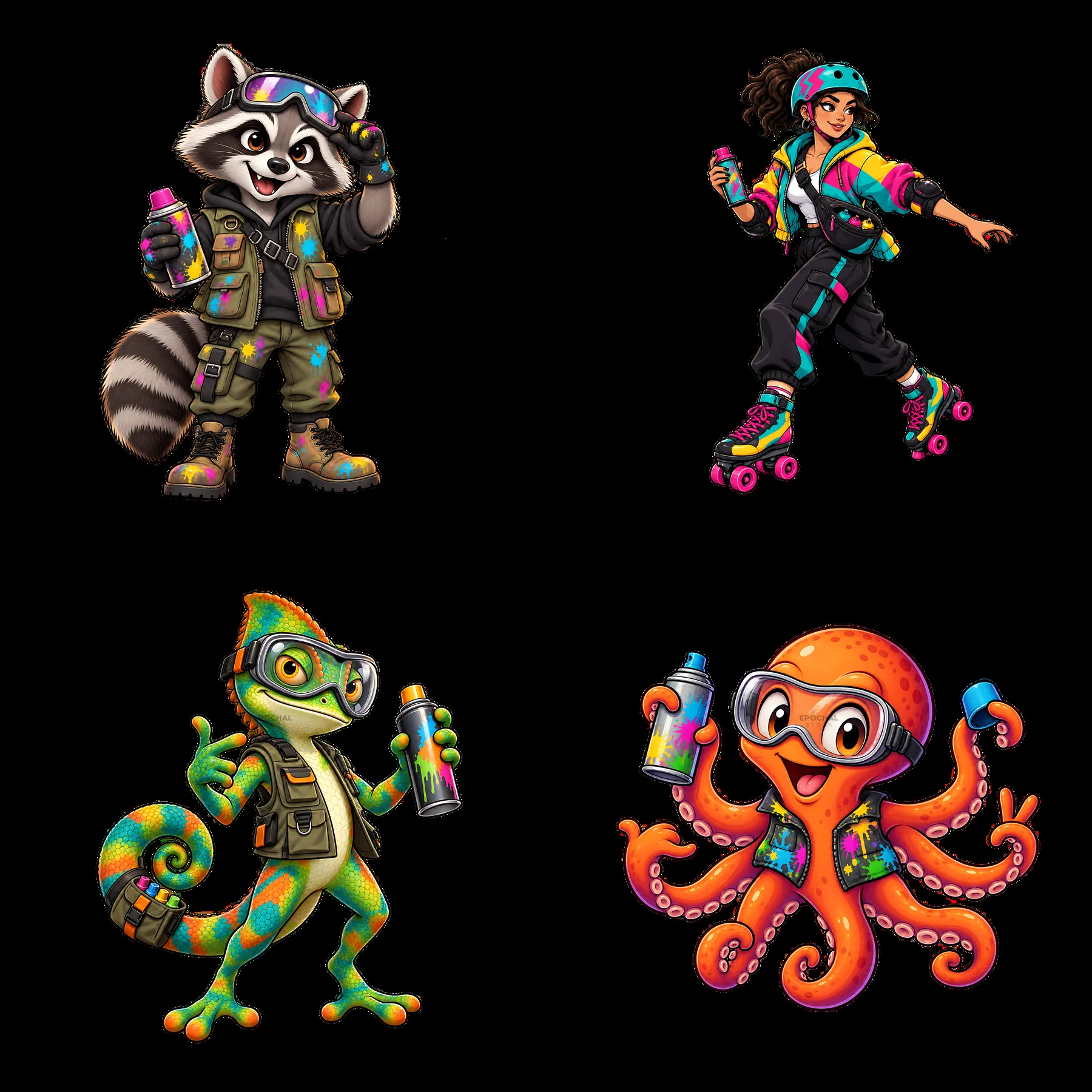 Graffiti sprayers in vibrant colors with unique styles - AI-generated stock image