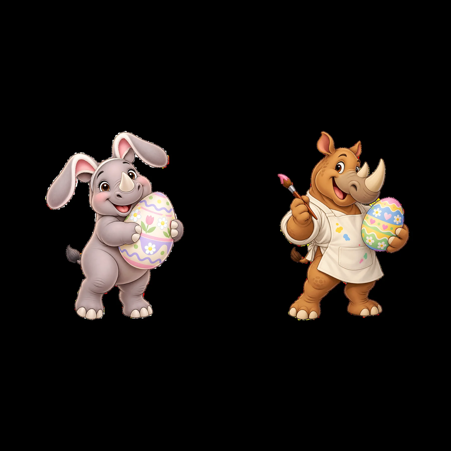 Easter rhinoceros and rabbit holding decorated eggs together - AI-generated stock image