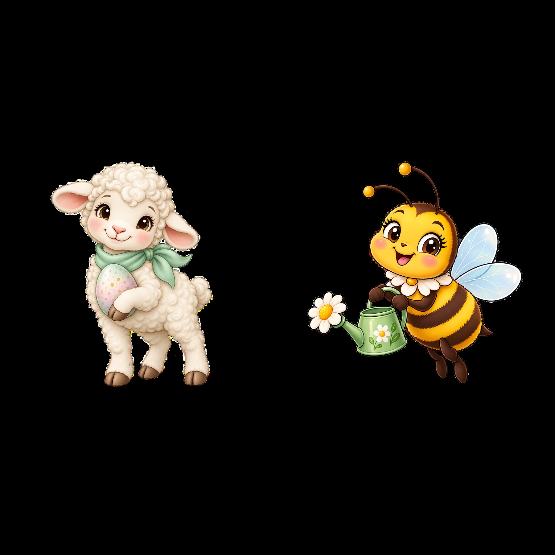 Easter meadow scene with a lamb and a bee in a pair layout - AI-generated stock image