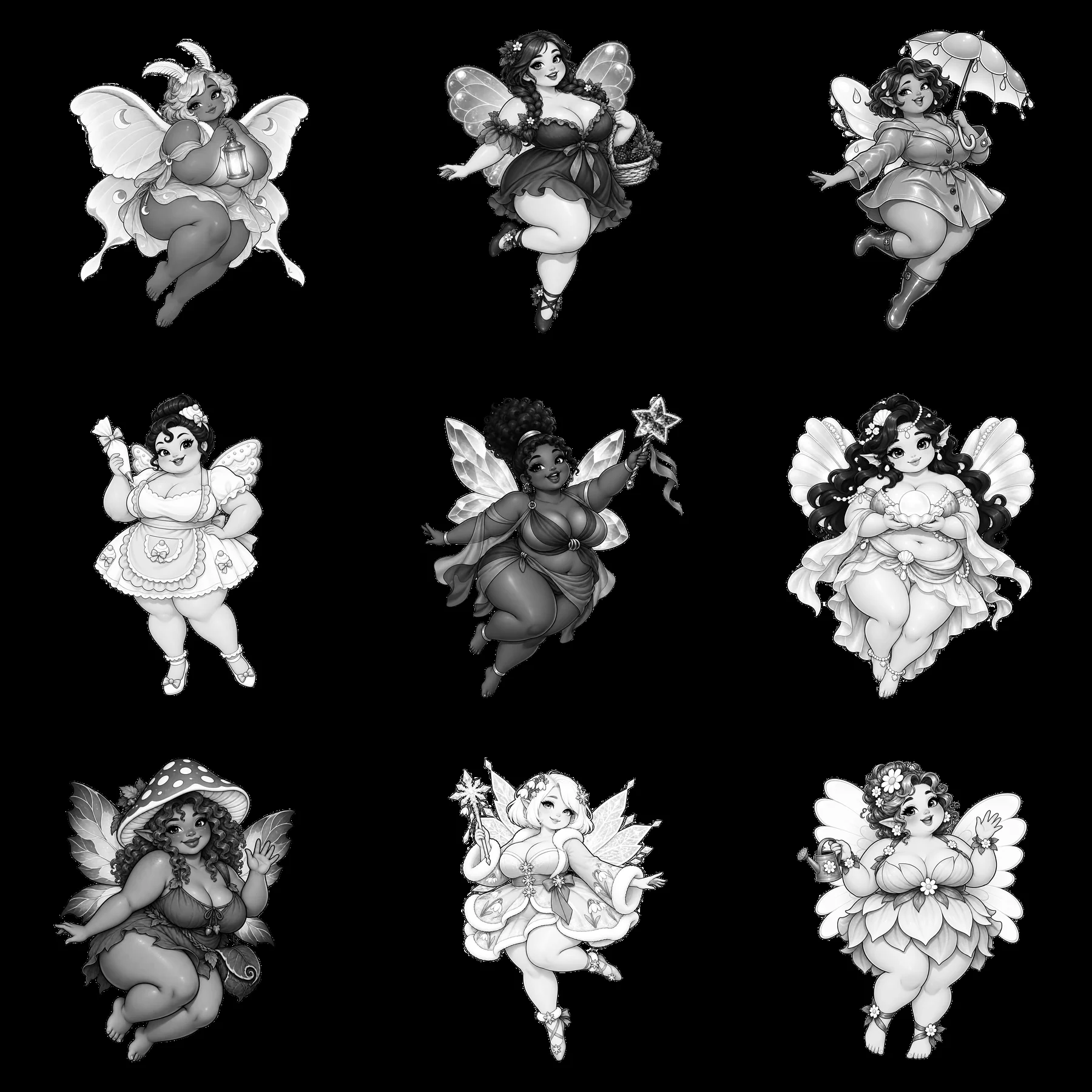 Kawaii ultra-fat fairies in black and white cartoon sticker design - AI-generated stock image