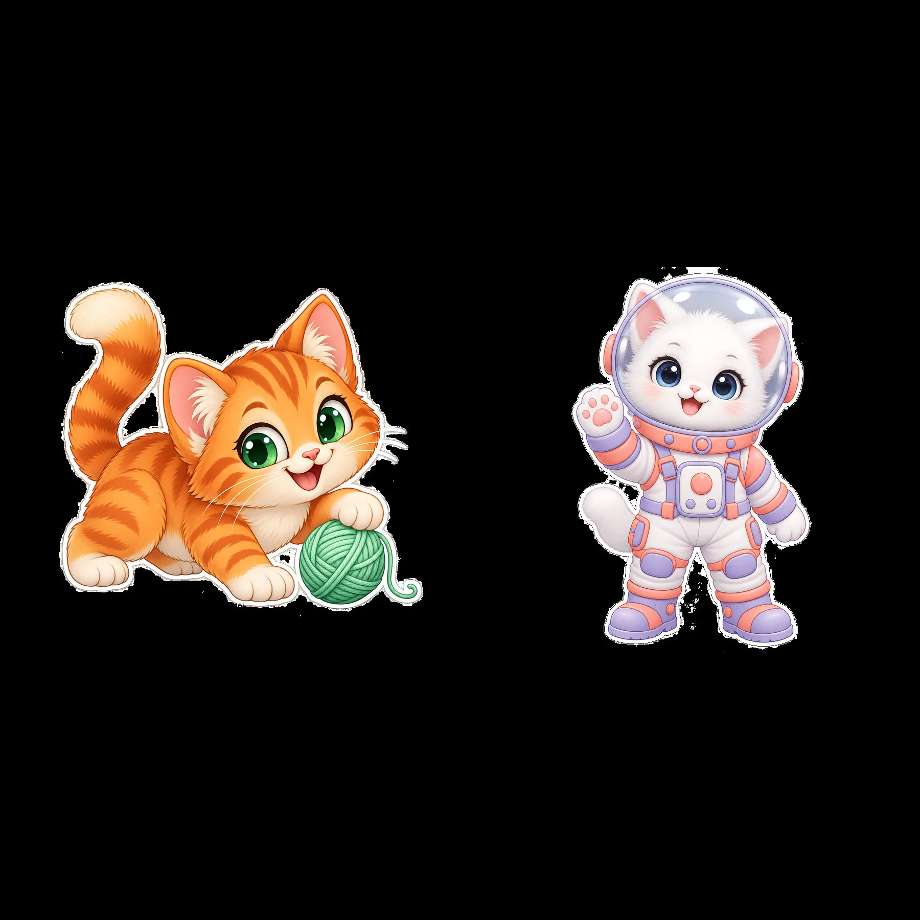 Kawaii cat playing with yarn and astronaut cat waving - AI-generated stock image