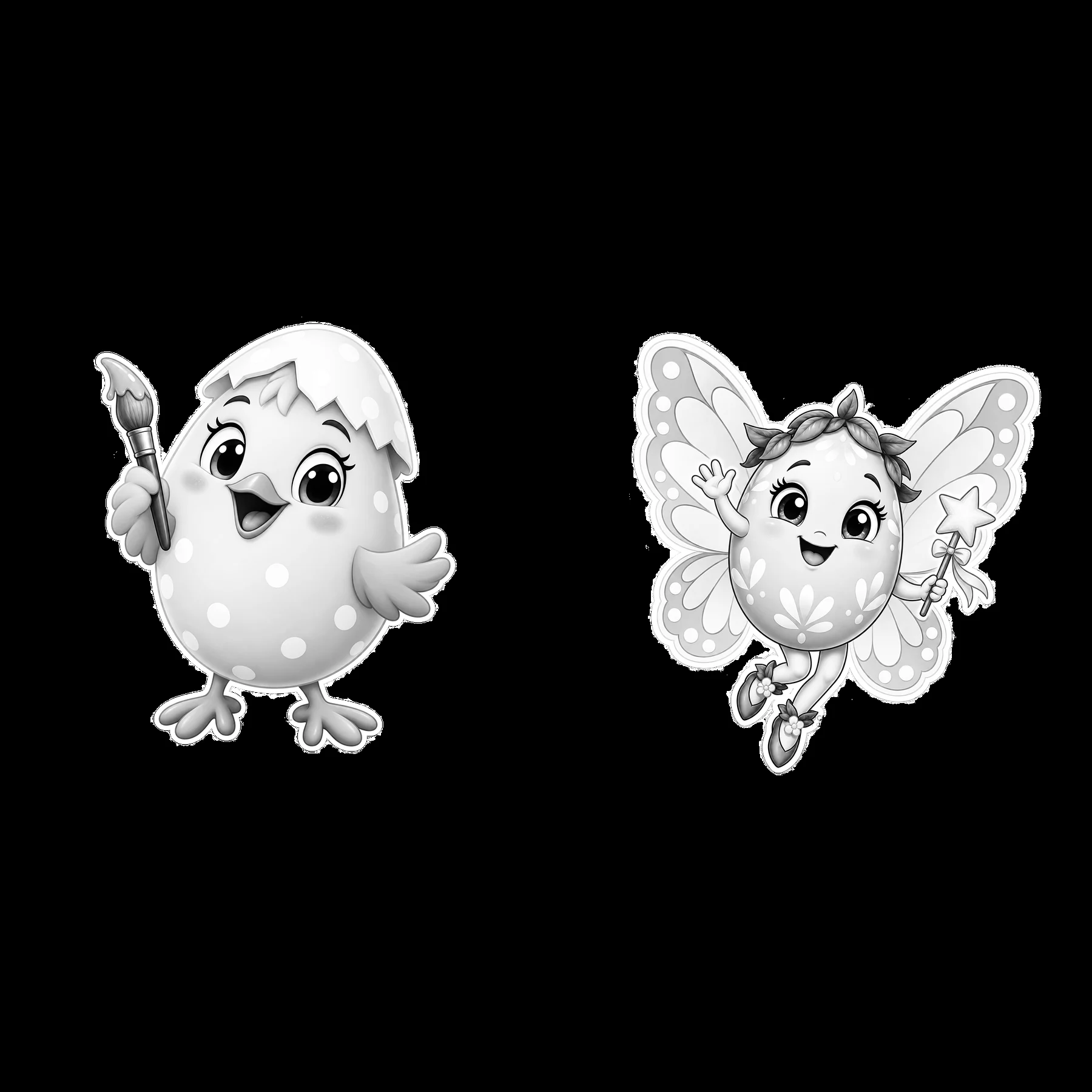 Monochrome two isolated cartoon figure stickers - AI-generated stock image