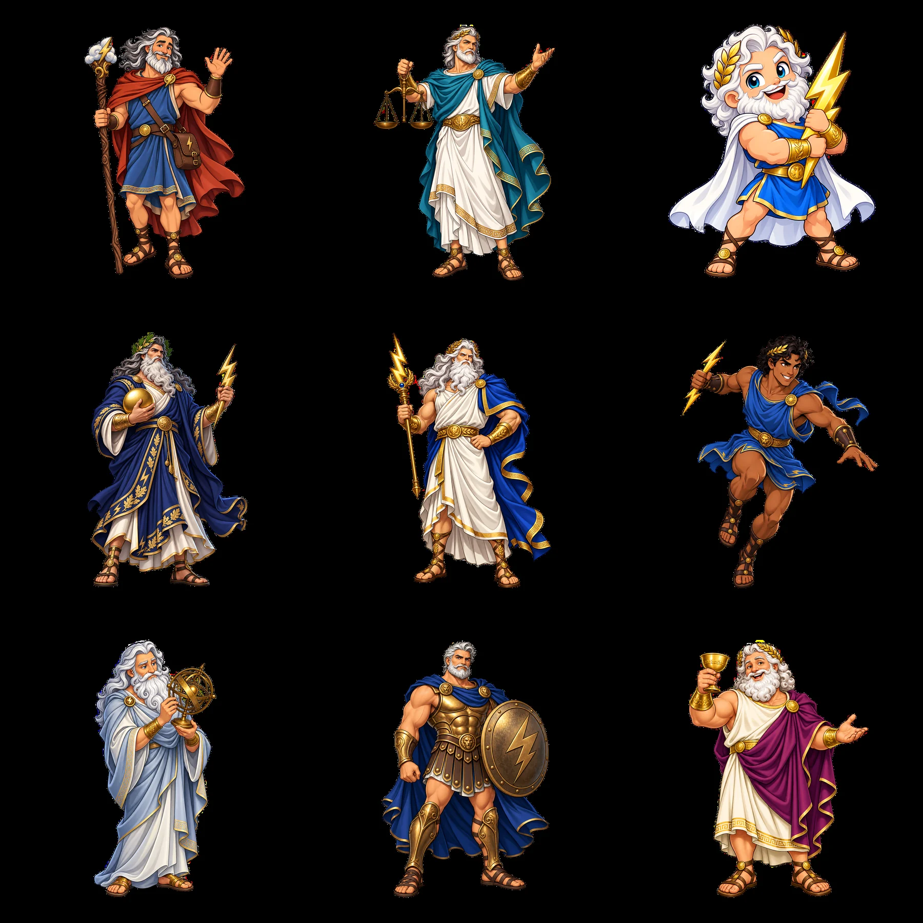 Zeus in various poses with symbols of power and authority - AI-generated stock image