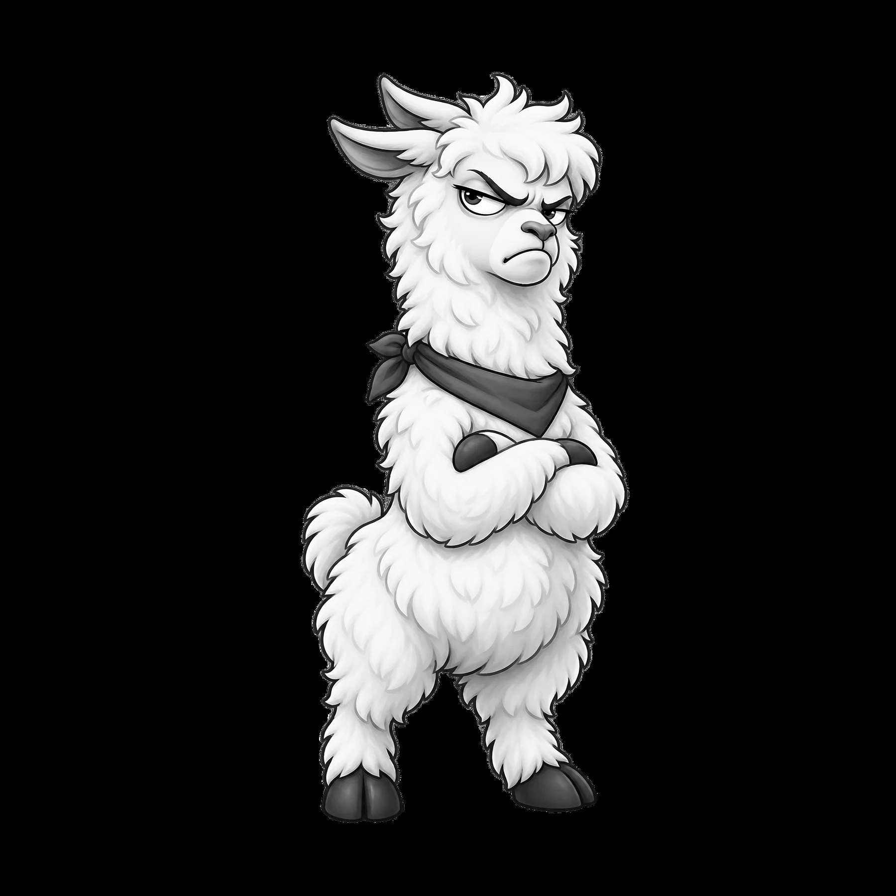 Grumpy llama character with crossed arms and a bandana - AI-generated stock image