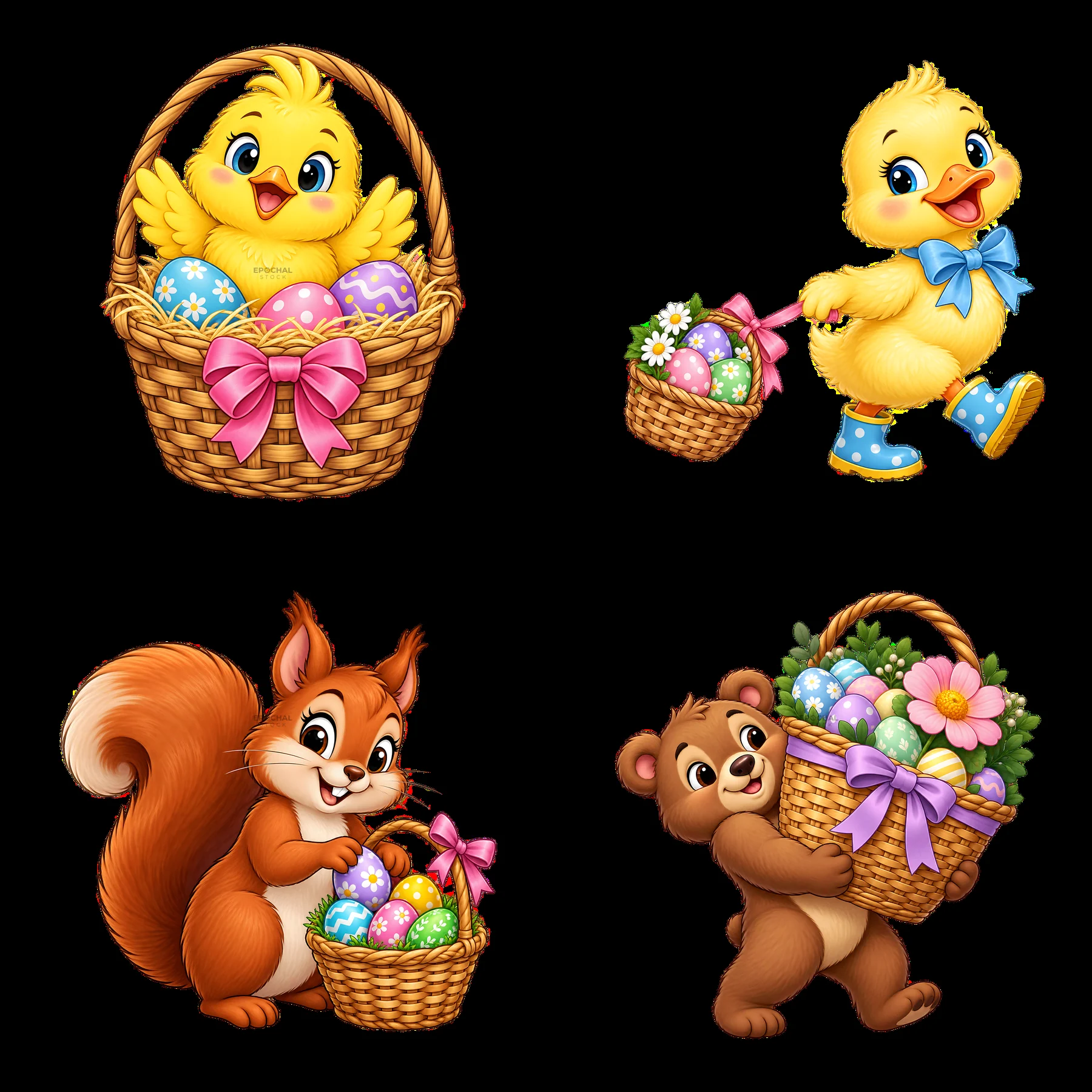 Easter basket with chick, squirrel, and bear carrying eggs - AI-generated stock image