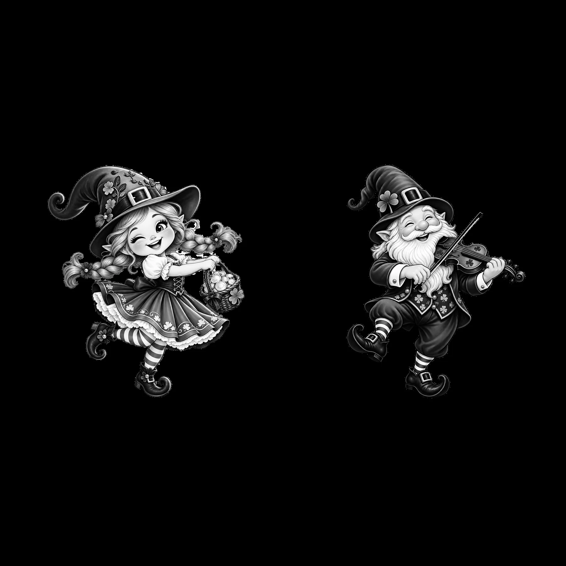 Gnome girl with a basket dancing beside a gnome playing violin - AI-generated stock image