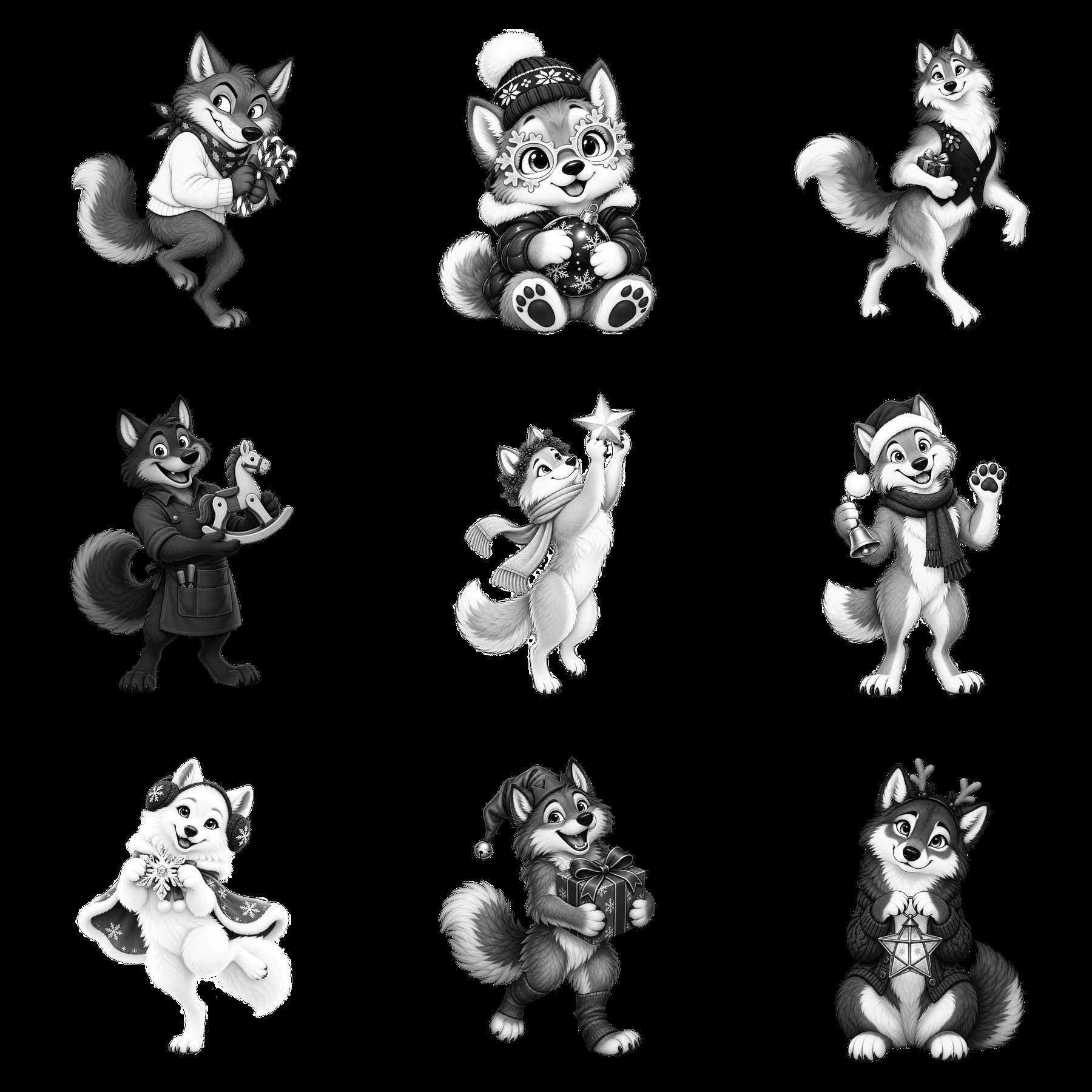 Christmas wolves in various poses with festive accessories - AI-generated stock image