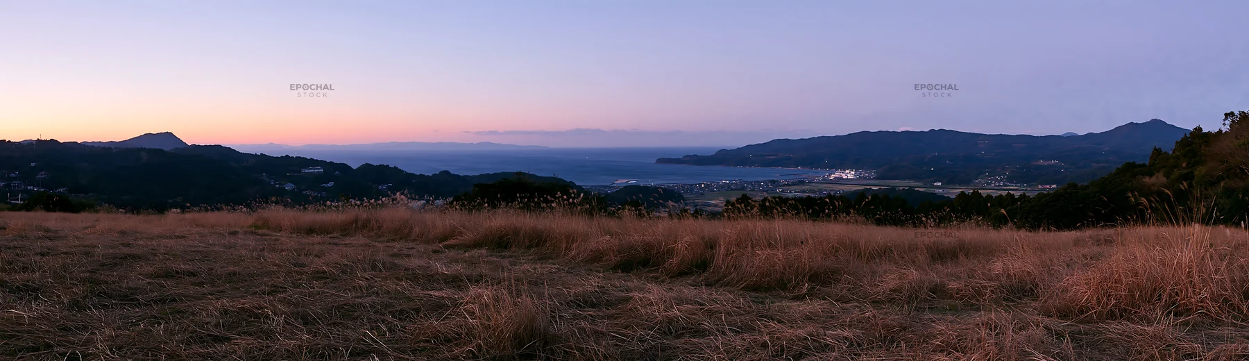 Evening light over Ehime meadow with dry seedheads - AI-generated stock image
