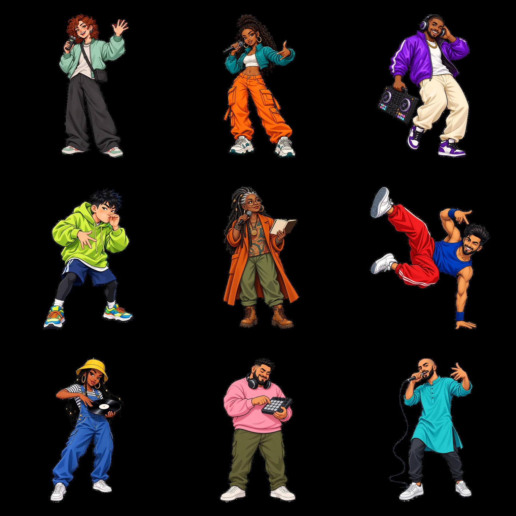 Hip-hop artists performing in a 3x3 cartoon sticker layout - AI-generated stock image