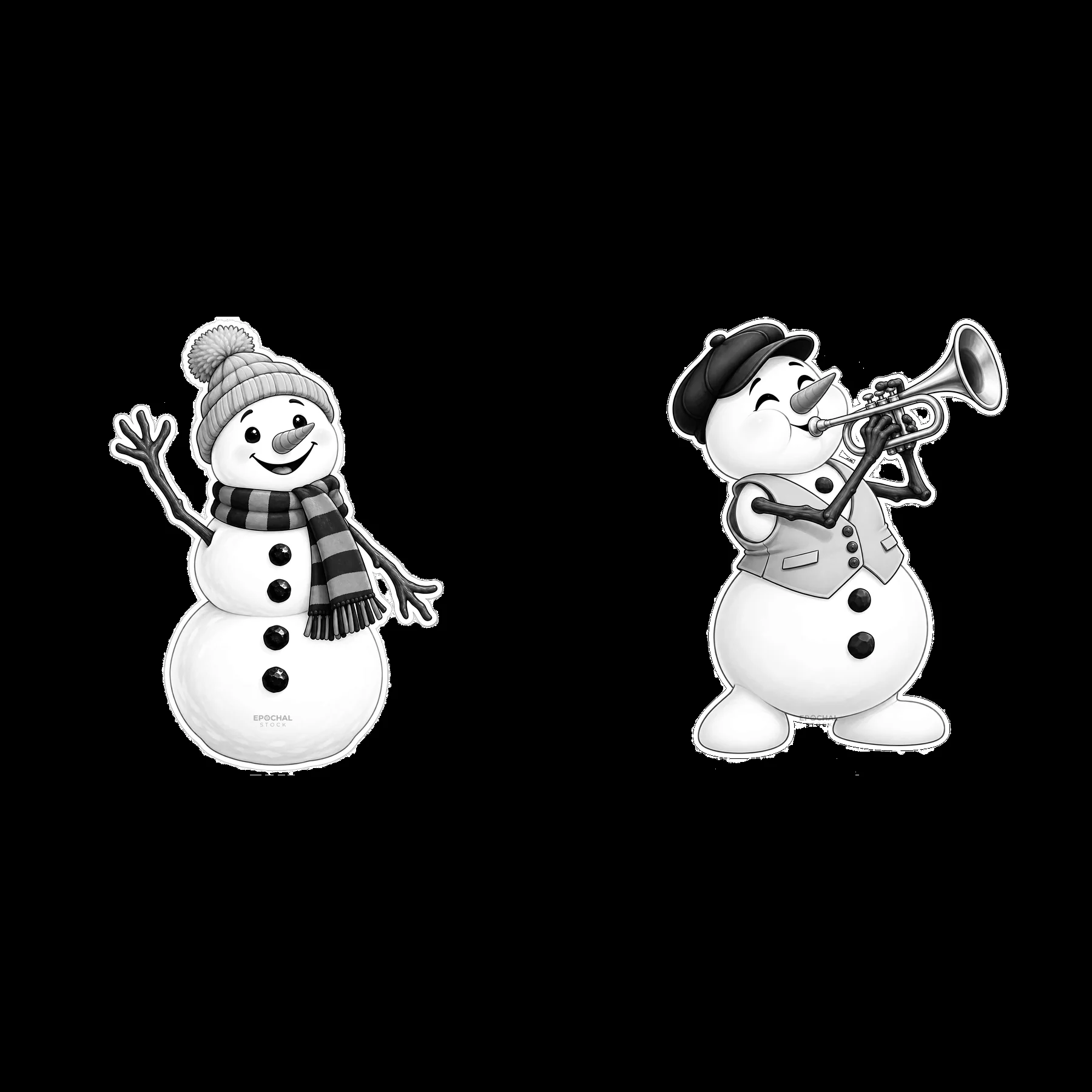 Two cheerful snowmen, one waving and one playing trumpet - AI-generated stock image