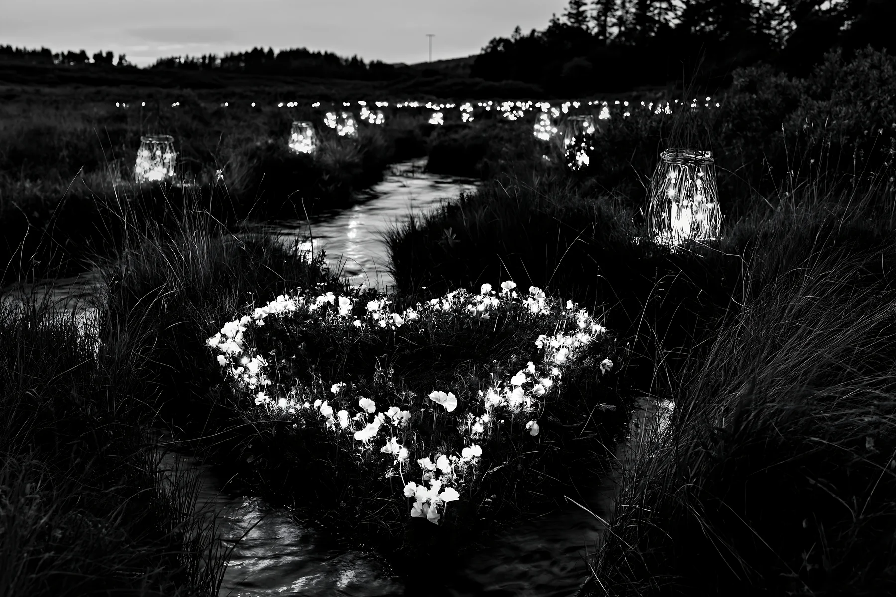 Christmas lanterns beside stream in meadow at dusk - AI-generated stock image
