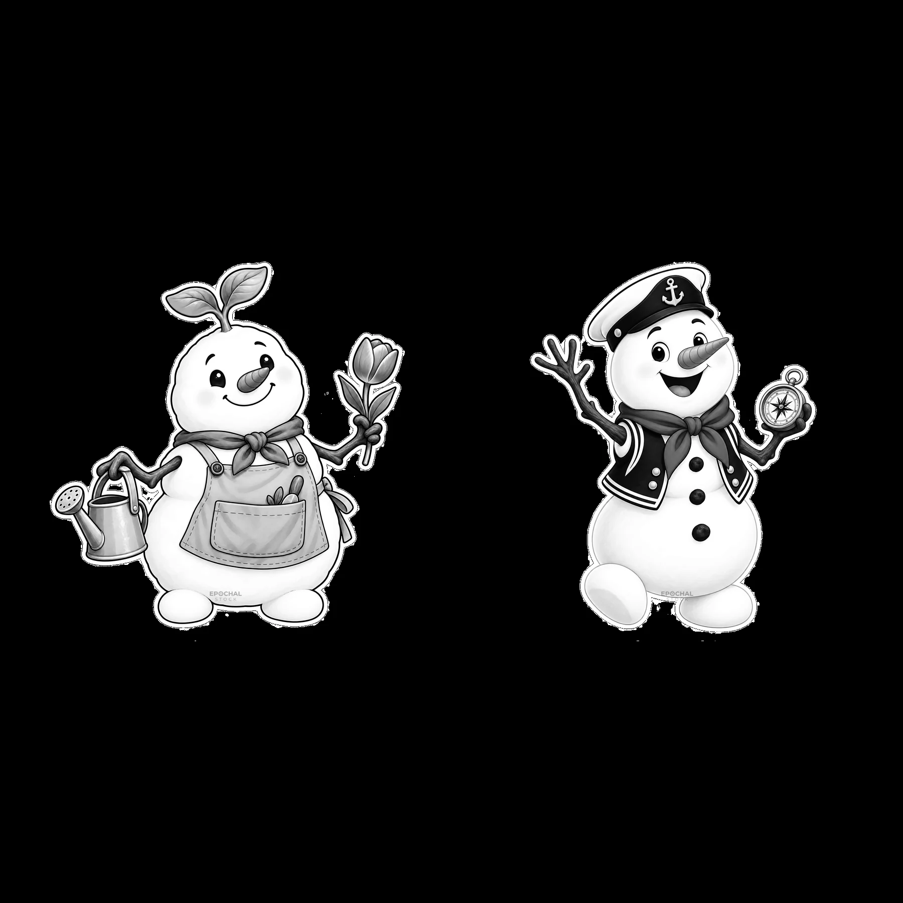 Snowman holding a flower and watering can with friendly sailor snowman - AI-generated stock image
